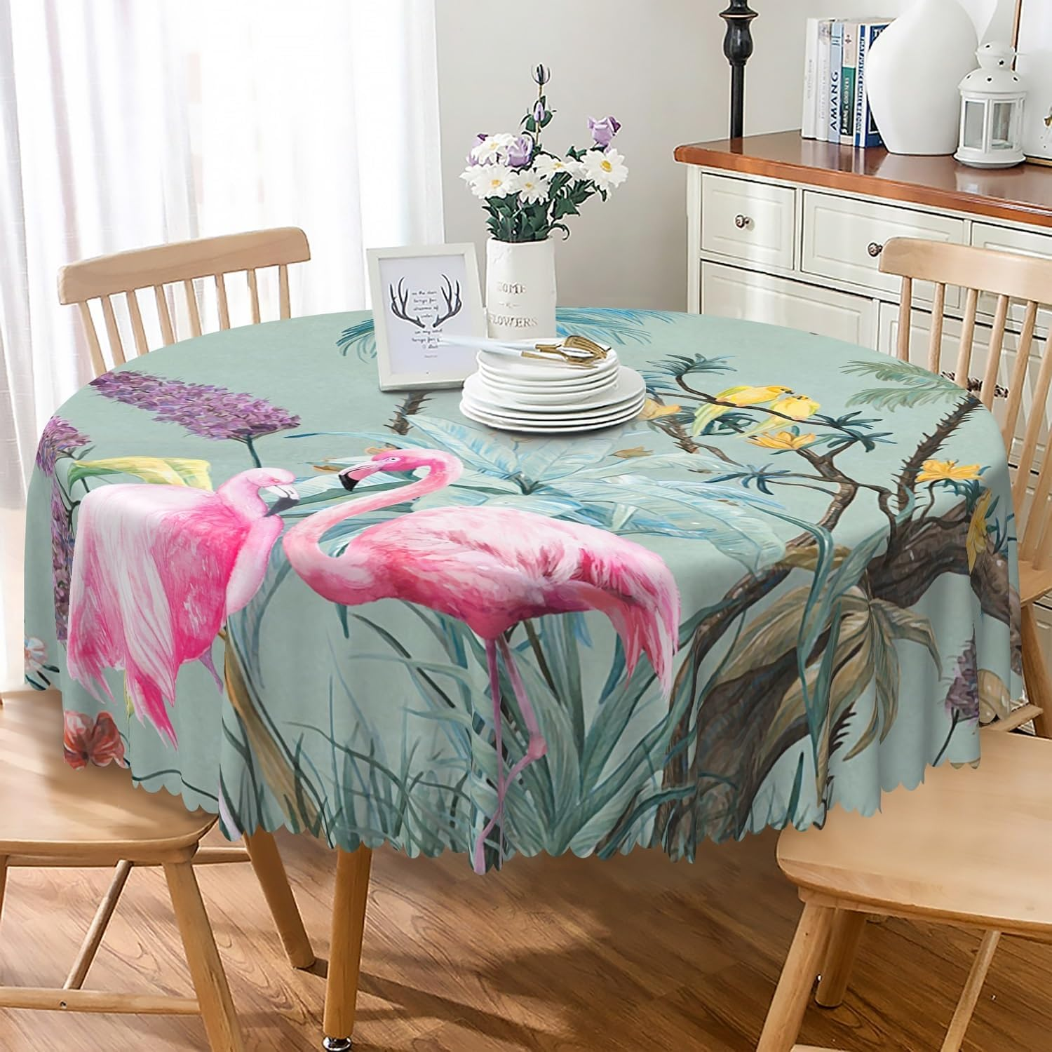 Spring Summer round Tablecloth 60 Inch Green Leaf Pink Floral Circular Table Cloth Washable Wrinkle Resistant Fabric Table Cover for Kitchen Dining Room Picnic Patio Indoor Outdoor Decor