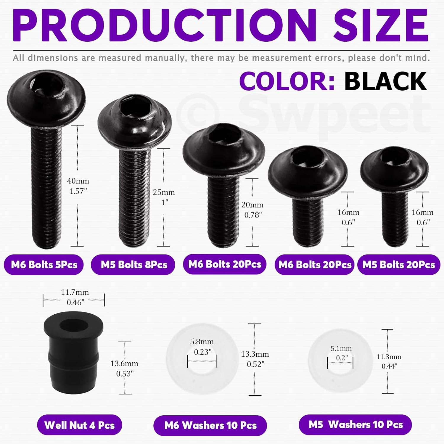 Swpeet 177Pcs 2 Sizes M5 M6 Motorcycle Fairing Bolt Assortment Kit, Motorcycle Windscreen Screws Fasteners Fixing Sportbike Bolts Fairing for All Models & Years Sport Bikes (Black) - Gold image number 2