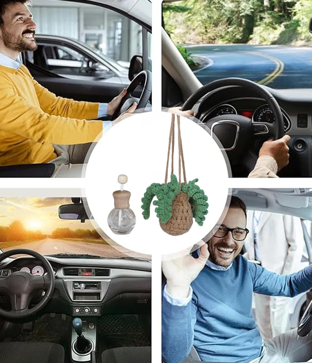 Crochet Car Air Freshener,Empty Refillable Car Oil Diffuser Bottle with Cute Crochet Plants Car Mirror Decor Hanging,Car Accessories for Women,Rear View Pendant, Crochet Accessories Car Decor image number 4