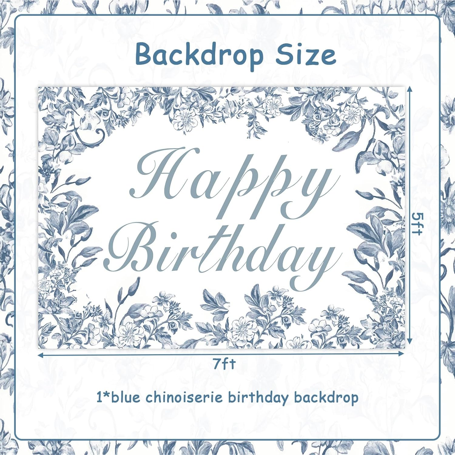 Wonmelody Blue Chinoiserie Birthday Decor 7 * 5Ft Blue Chinoiserie Happy Birthday Backdrop Banner Blue White Floral Backdrop Vintage Floral Party Decor for Chinoiserie Birthday Wedding Bridal Shower image number 3
