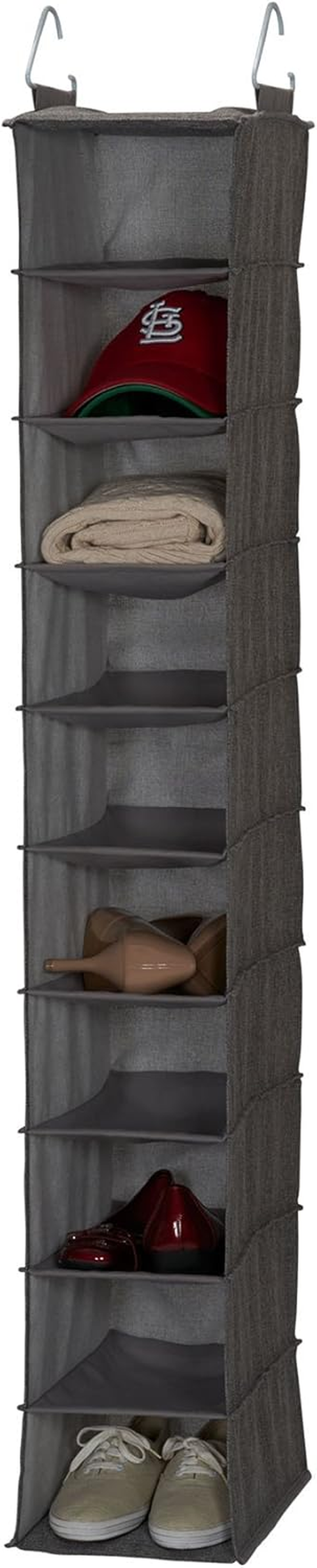 Household Essentials 10-Shelf Wide Hanging Shoe Organizer, Soft and Durable Polyester, Versatile, Breathable, Stylish, Compact, Sturdy Hooks for Rod or Wire Closets, Gray