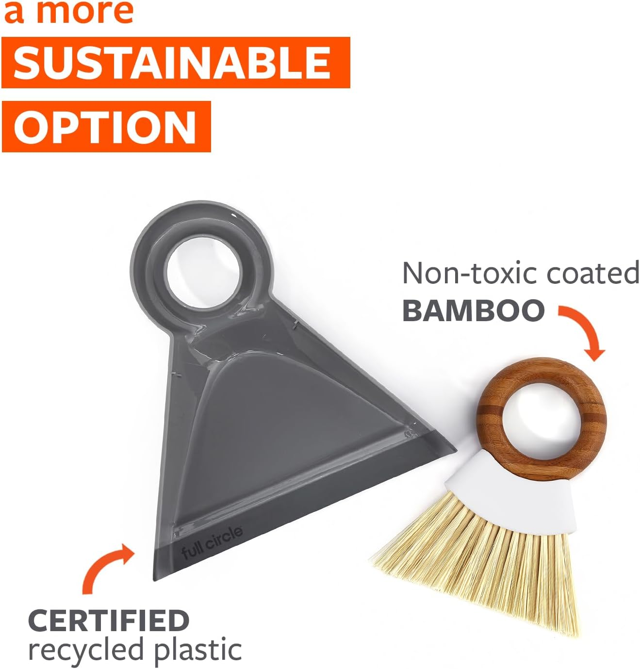 Full Circle Tiny Team Mini Dustpan and Brush Set - Compact Portable Handheld Broom for Quick Cleanups | Ideal for Kids' Mealtime Messes | Small Crumb Sweeper | Non-Toxic Coating | White/Grey image number 4