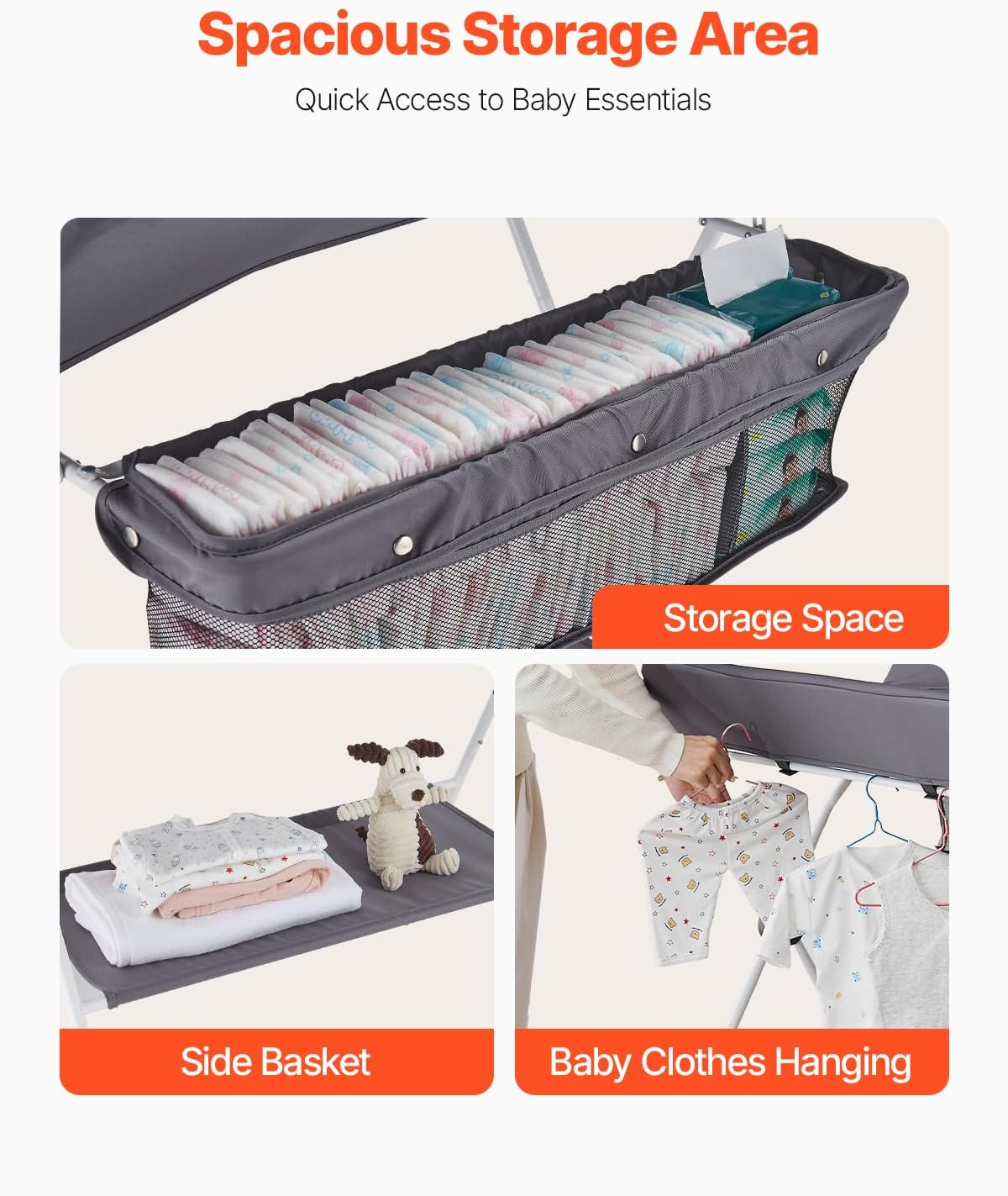 VEVOR Baby Changing Table, Foldable Diaper Change Station with Side Basket, Adjustable Height Portable Changing Table with Lockable Wheels, Multi-Functional Storage Organizer Nursery, Dark Gray image number 2