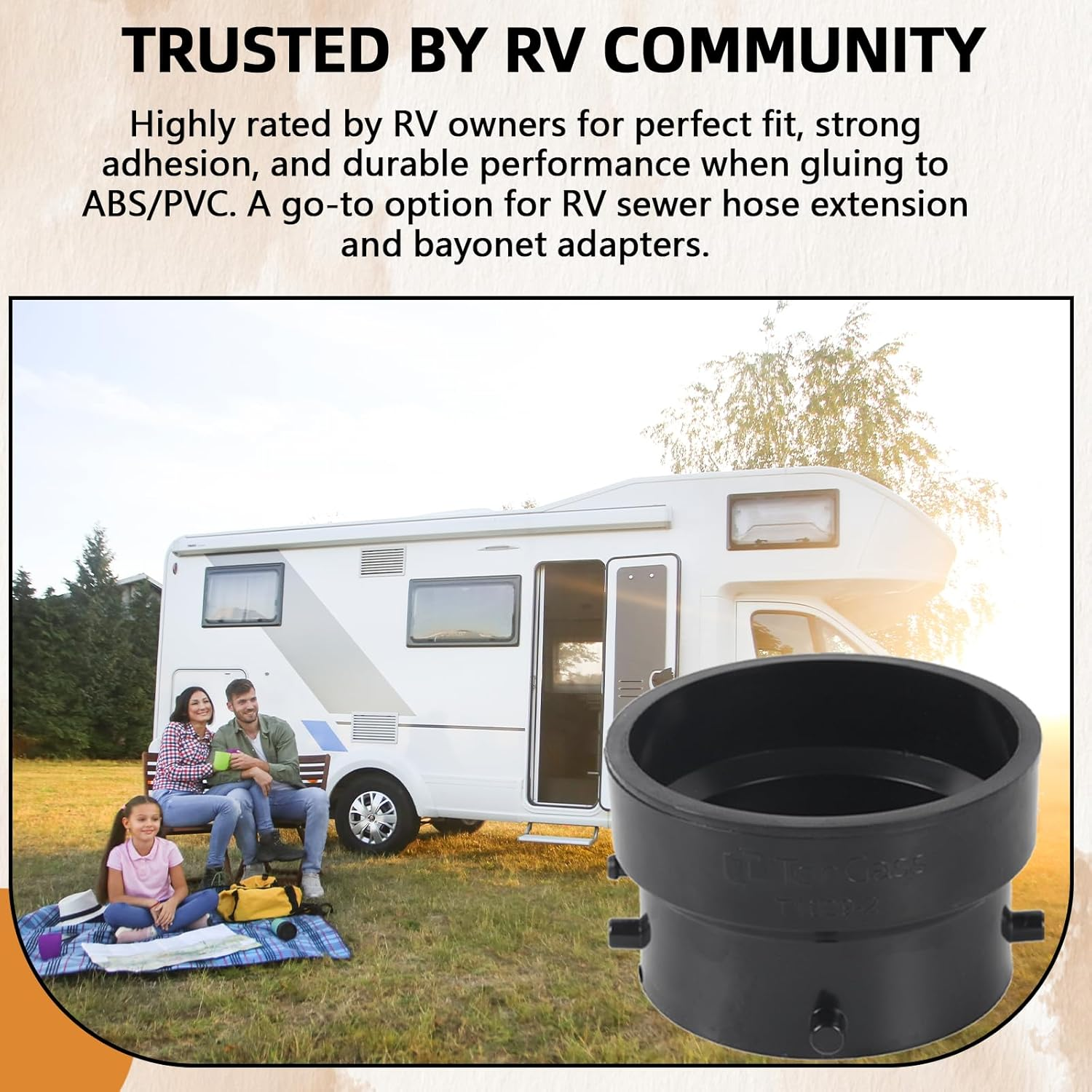 Tongass T1029-2 RV Sewer Termination Adapter - 3" Hub X 3" Bayonet, RV Sewer Hose Termination Adapter with Thread Seal Tape, Camper Sewers Terminations Adapters to 3" PVC - Black image number 1