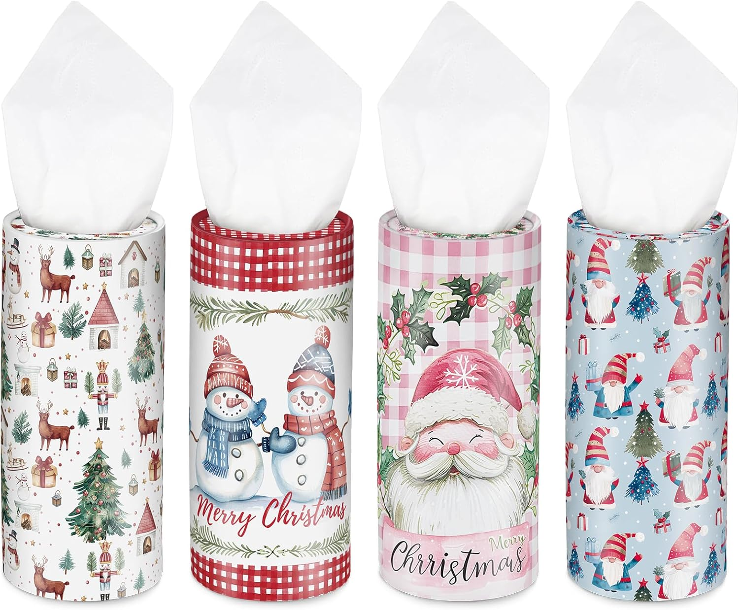 4 Pcs Christmas Car Tissue Holders with Facial Tissues, round Boxes with Festive Santa, Cardinal, Horse, and Snowman Designs, Winter Holiday Essentials for Car, Home, and Office