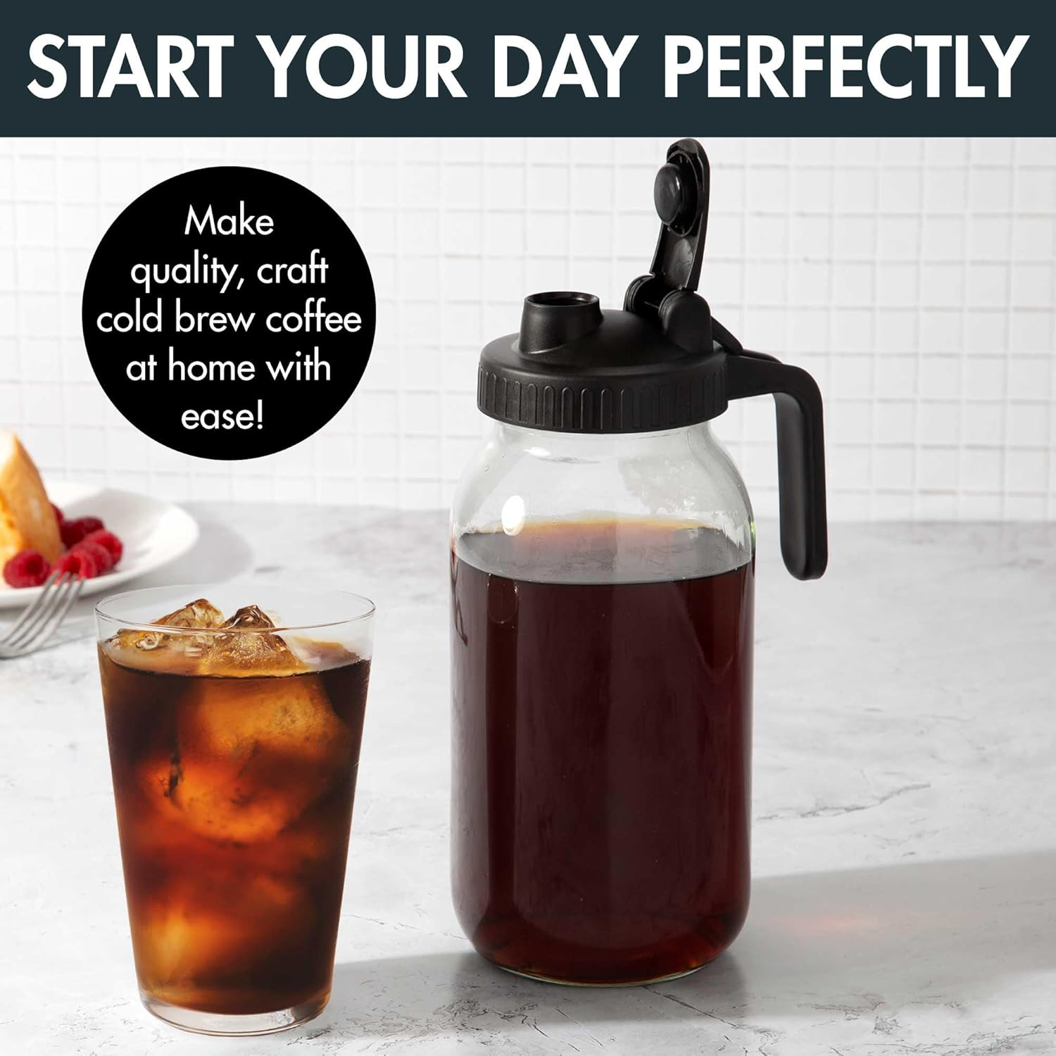 Primula Mason Jar Cold Brew Iced Coffee Maker with Stainless Steel Filter and Easy Pour Lid, Durable Glass Pitcher Fits in Most Fridge Doors, Dishwasher Safe, Made without BPA, 2-Quart, Black image number 6