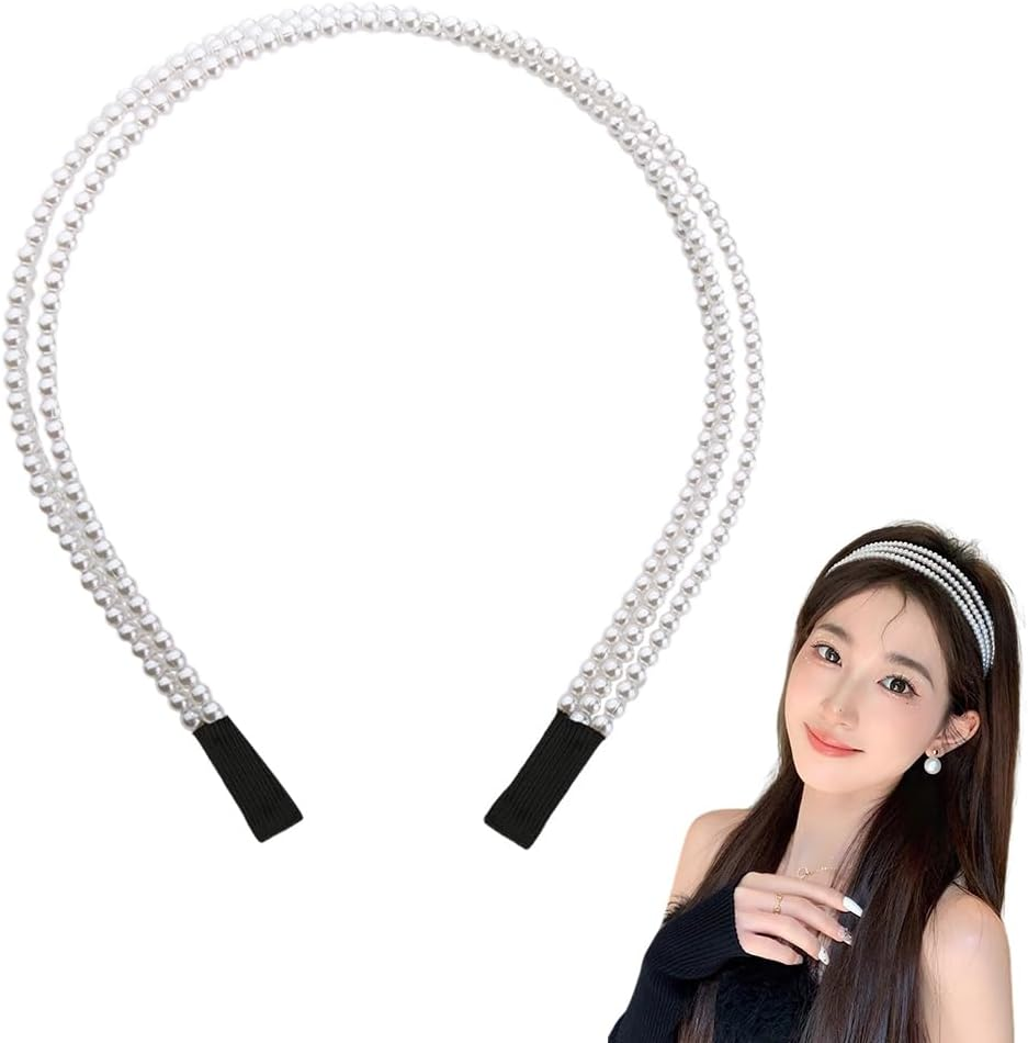 Thin Layered Pearl Headband for Girls Women Layered Hair Accessories Wedding Bridal Thin Headband White Pearl Hair Band Pearl Beaded Headband 3 Layer Hairband Skinny French Pearl Headbands image number 2