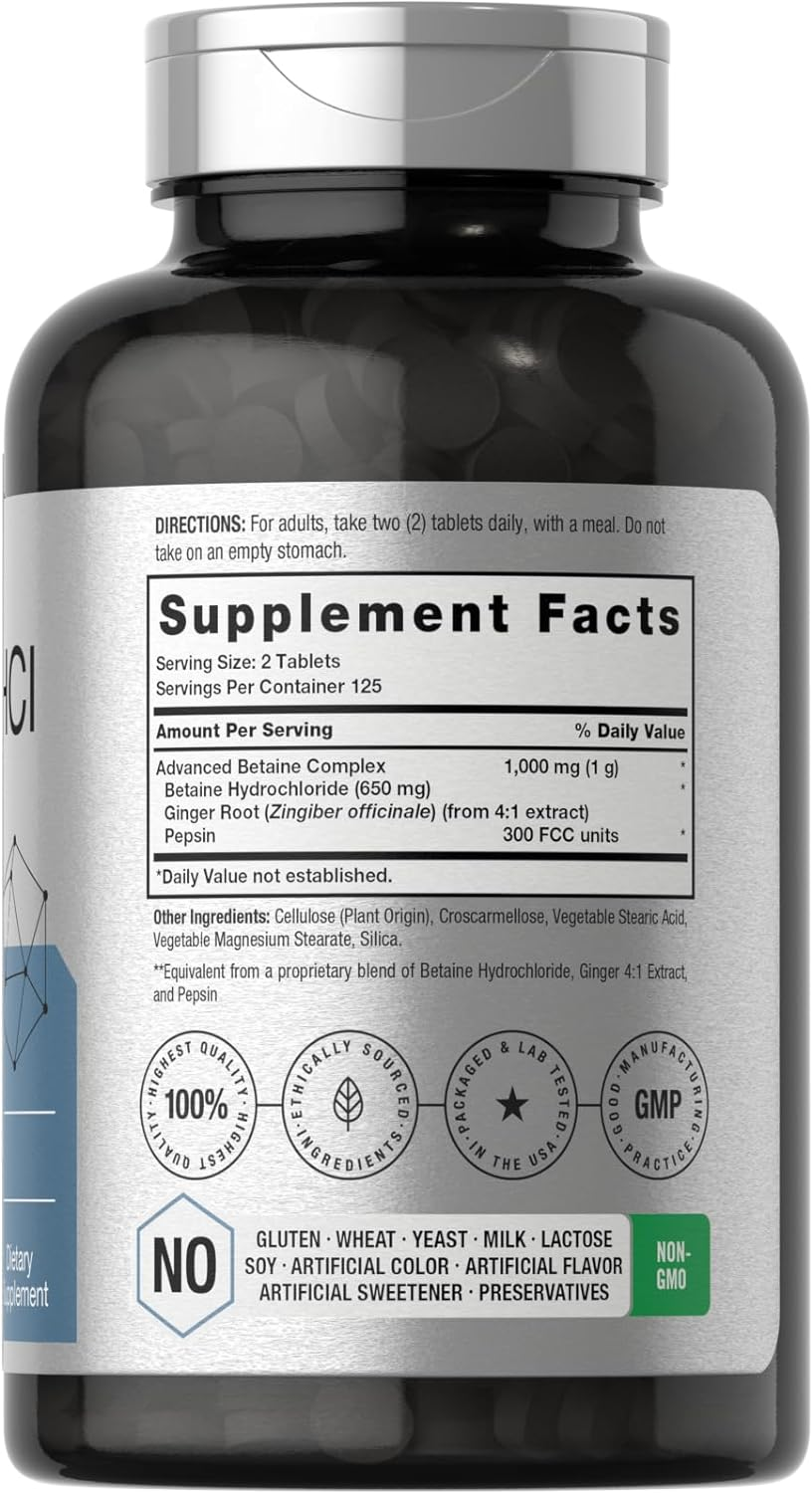 Betaine Hcl with Pepsin | 1326Mg | 250 Capsules | Betaine Hydrochloride Supplement | with Protease | Non-Gmo, Gluten Free, Vegetarian | by Horbaach image number 2