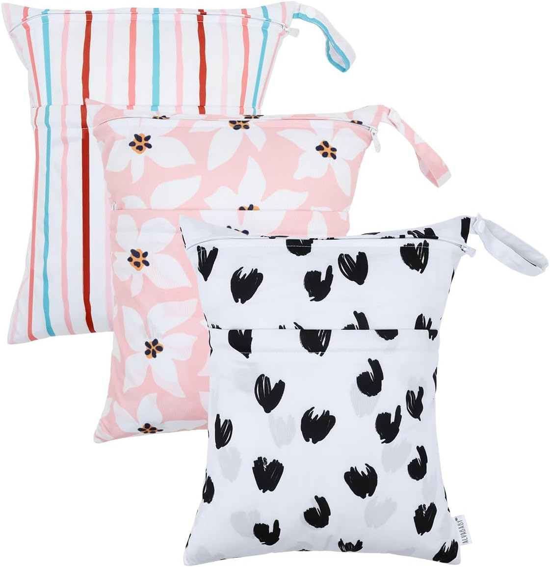 ALVABABY 3 Cloth Diaper Wet Dry Bags Waterproof Reusable with Two Zippered Pockets Travel Beach Pool Daycare Soiled Baby Items Yoga Gym Bag for Swimsuits or Wet Clothes Small Medium Large 3L-ZM26 image number 6