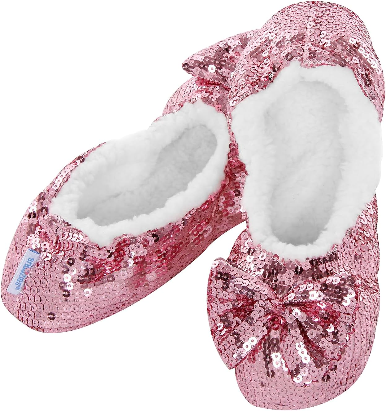 Snoozies Womens Bling Soft Soled Slippers with Gel Grip. Warm Sherpa Fleece Lining. (UK 3-4