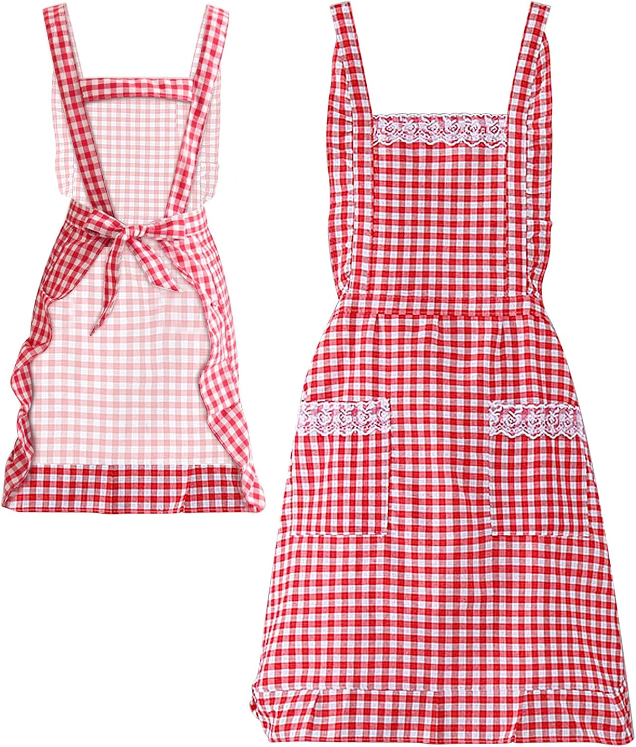 JJYHEHOT Women Classic Vintage Apron, Red and White Gingham Cotton Apron, Home Kitchen Chef Bib, Red image number 4