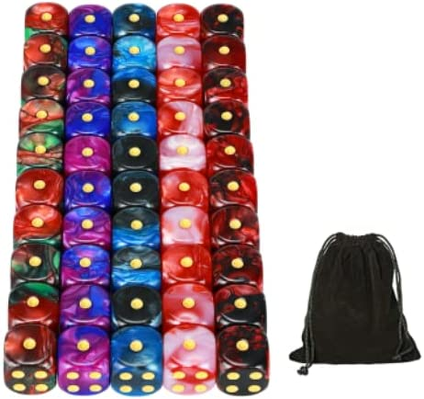 YOUSHARES 50 Pack D6 Game Dice Set with Pouch &ndash; 16Mm Two Color 6 Sided Dice, Perfect Table Games Dice for Tenzi, Yahtzee, DND MTG RPG War Games