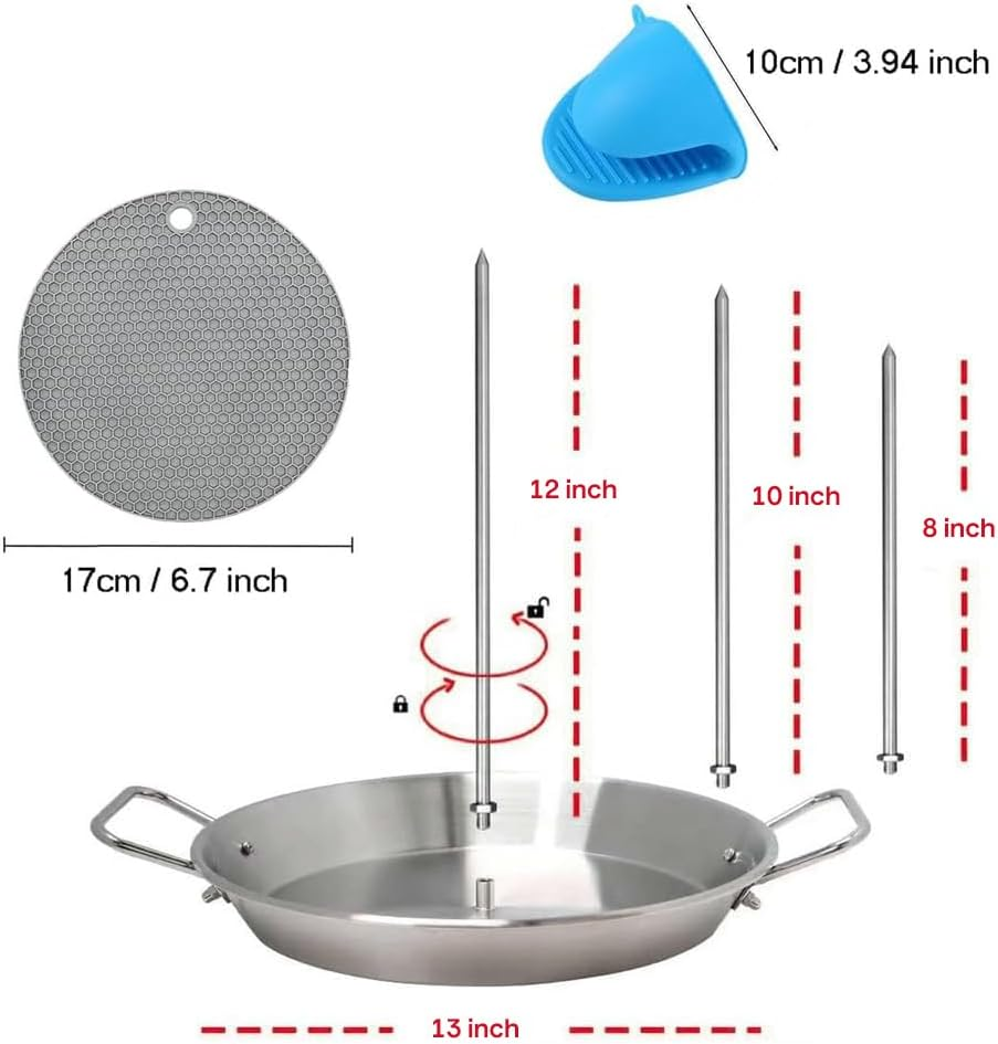13Inch Vertical Skewer Grill Pan,Barbecue Pan,304 Stainless Steel Vertical Skewer With8/10/12Inch Roasting Sticks, with Mat,Gloves,Reusable Vertical Barbecue Rack Vertical Pans Grill for Picnic image number 6