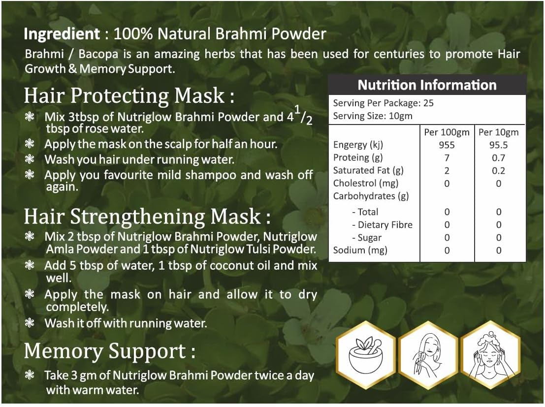 Nutri Glow | Brahmi Powder | 8.81 Oz (250 G) | Bacopa Monnieri | Superfood Supplement |Vegan | Ayurveda | Non GMO Supplements for Brain & Memory | Resealable Air Tight Pouch