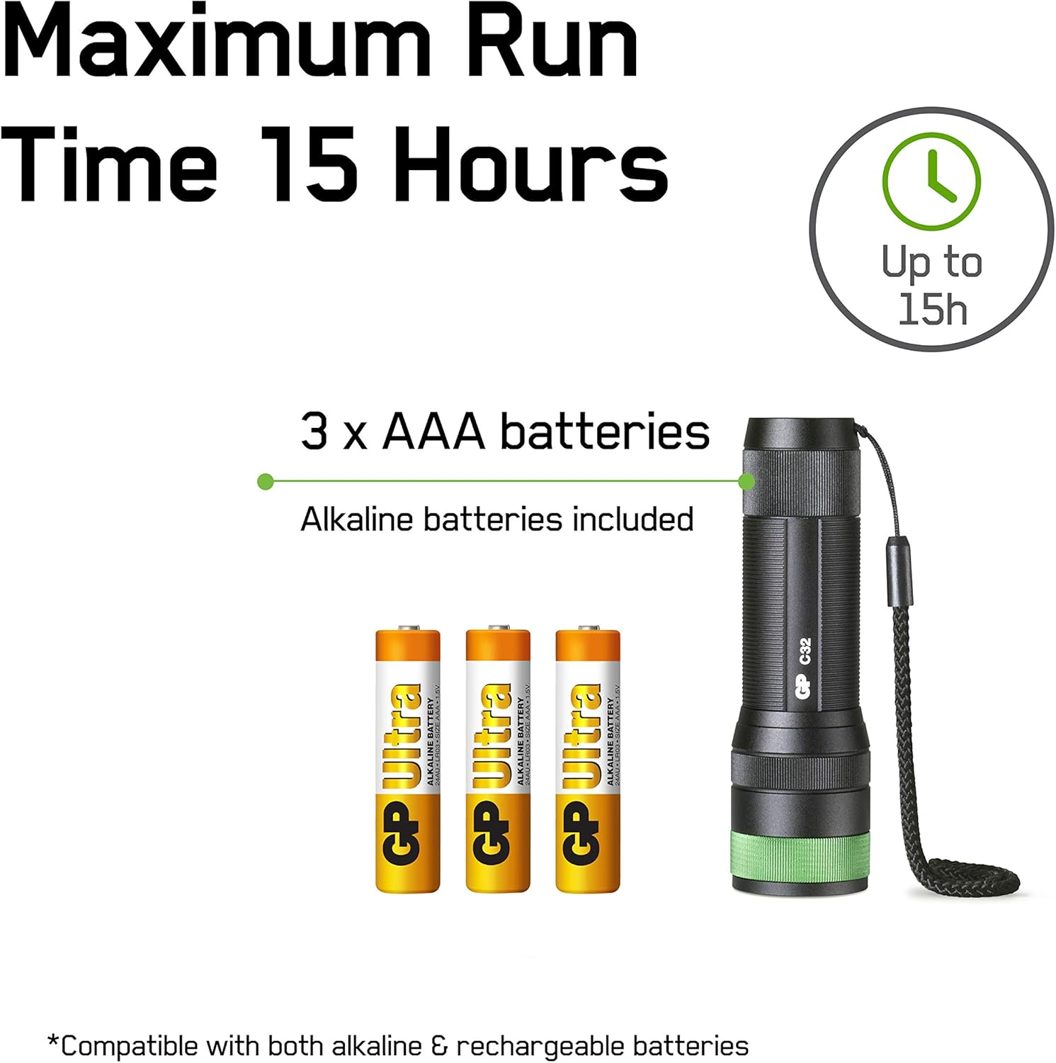 GP Batteries Discovery 300 Lumen LED Torch, Black image number 3