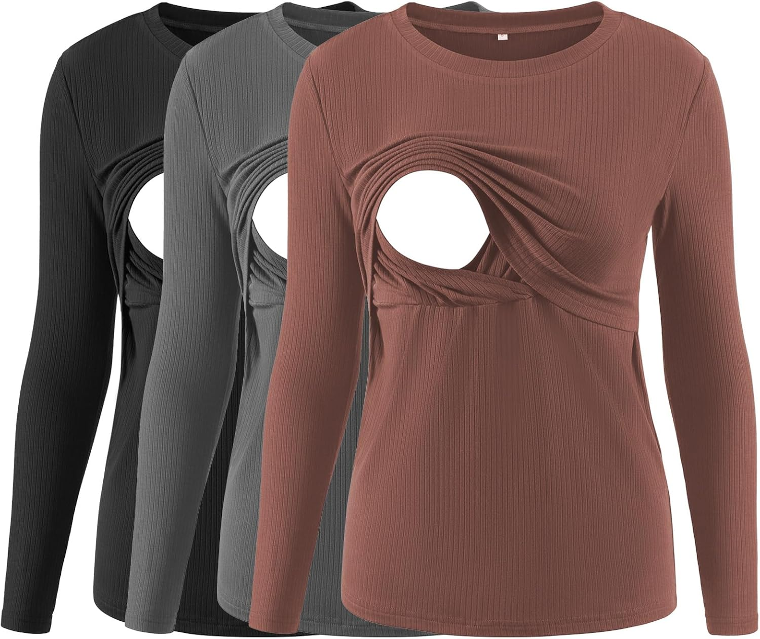 Liu & Qu Women'S Nursing Tops Ribbed Long Sleeves Maternity Shirts Double Layer Breastfeeding Shirts Pregnancy Clothes 3 Pack