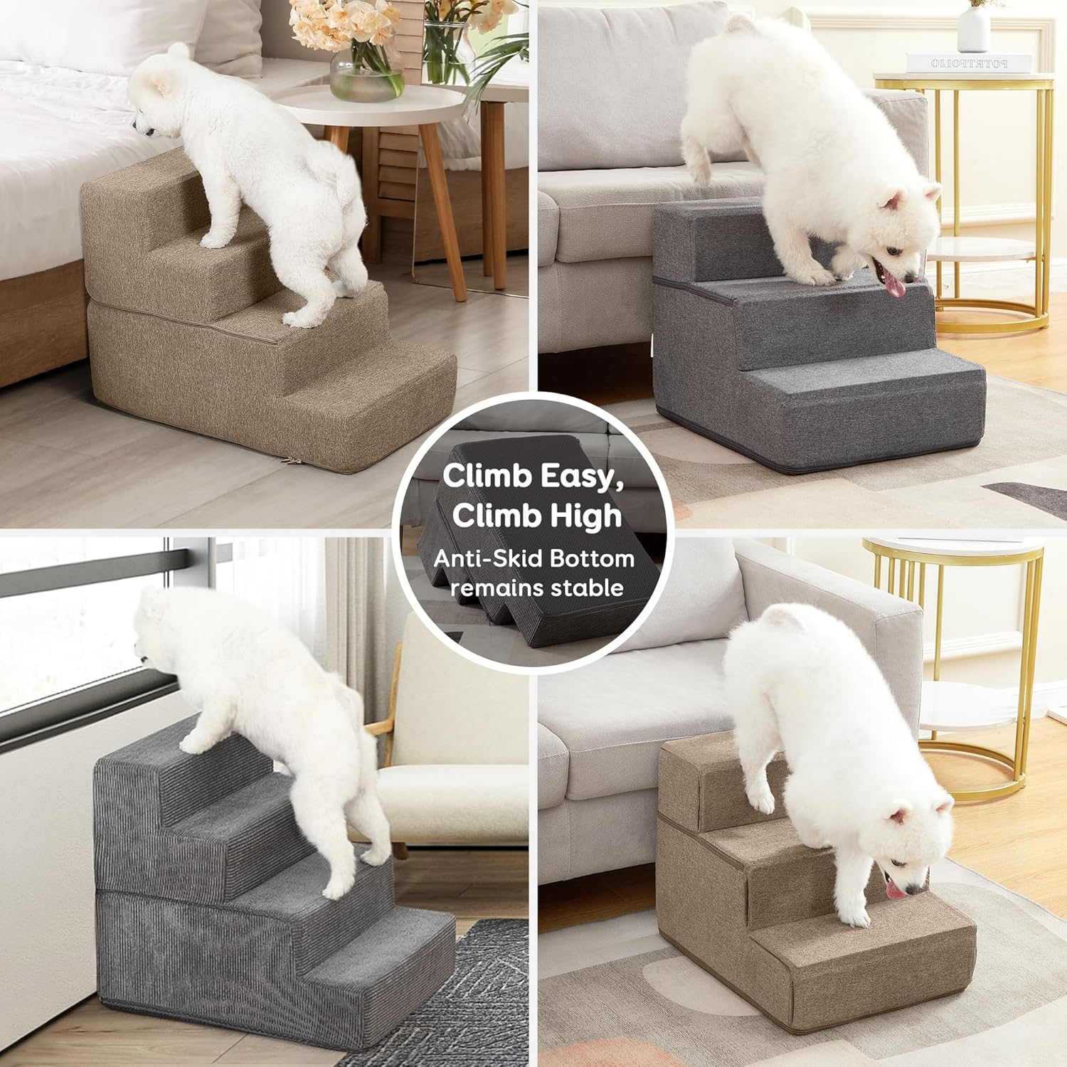 Dog Stairs & Steps for Small Dogs Cats Holds up to 25Kg, Pawque Pet Steps for High Bed Couch, Shock Absorbing Foam with High-Strength Boards for Pet Safe, Non-Slip Removable Washable Cover, 4 Step-Grey ( 45Cm High) image number 5
