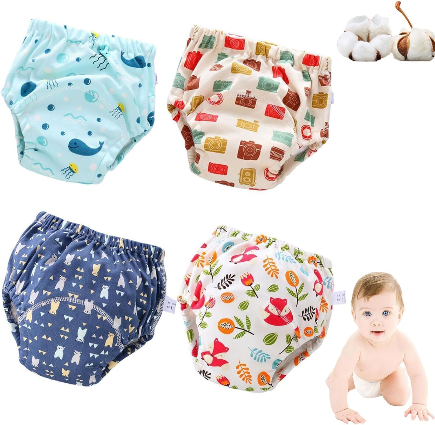 Potty Training Pants for Boys and Girls, 100% Cotton Reusable Toddler Underwear, Soft Absorbent Leak-Proof Pee Pants, Washable Potty Training Underpants for Toddlers (D, Small)