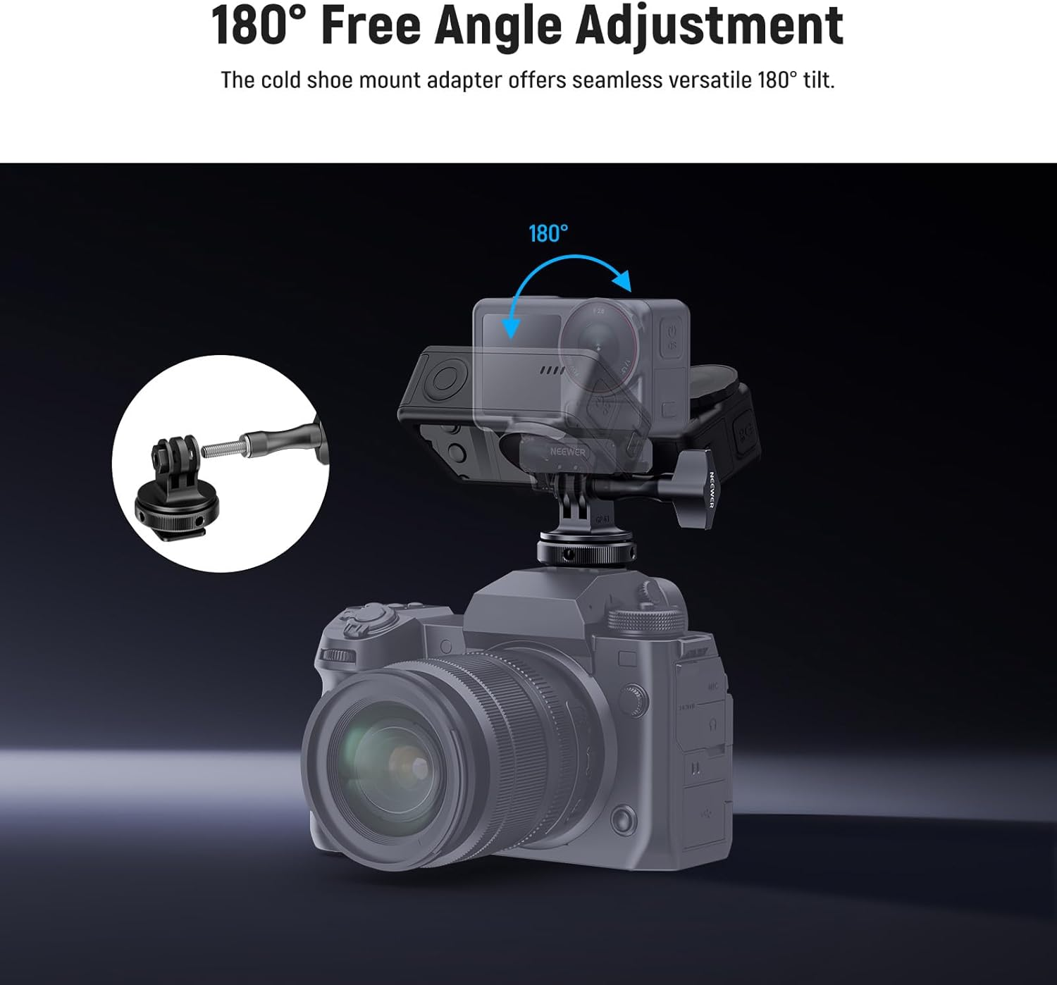 NEEWER Action Camera Cold Shoe Mount Adapter Compatible with Gopro Accessories Go Pro DJI Insta360 AKASO, Metal 1/4" Thread Hot Shoe Mount for Mini Tripod Selfie Stick, 180&deg; Tilt, GP-63 image number 1
