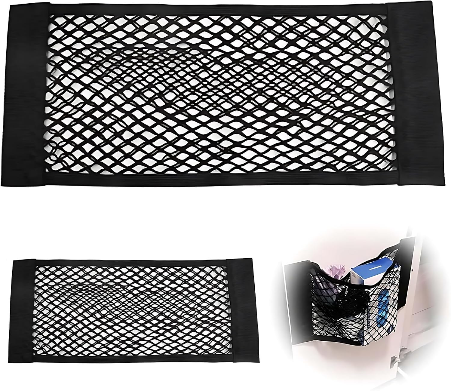 CHEUNGHAO 2-Pack 25X80Cm Elastic Mesh Storage Pockets with Hook & Loop Tape - Versatile Cargo Net Wall Sticker Bags for Car, RV, and Home Organization