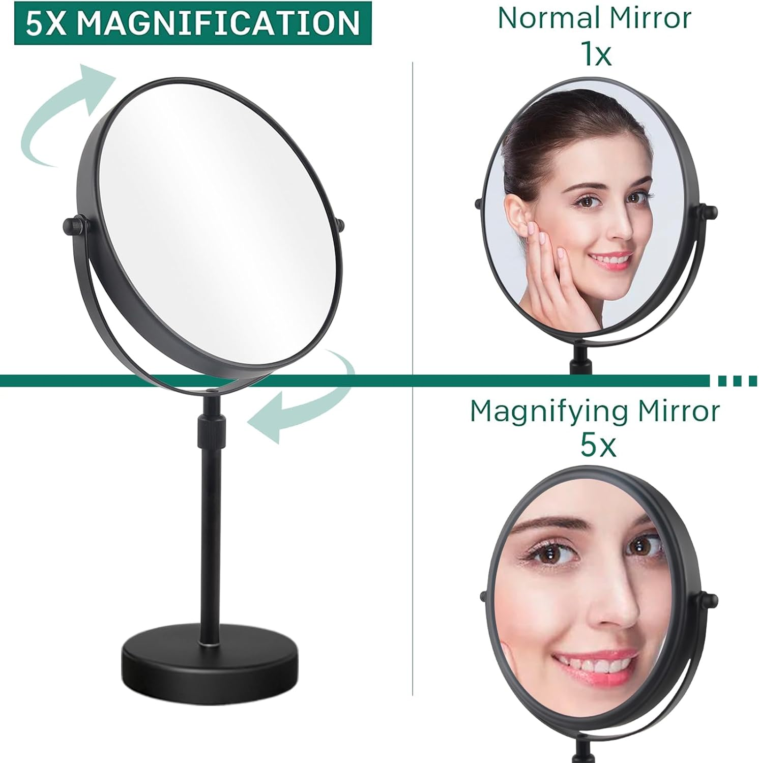 Nicesail Higher Taller Tabletop Makeup Mirror of 8 Inch, 5X Magnified Makeup Mirror Countertop Standing, Height Adjustable, Double Sided Mirror in Matte Black (8 Inch, 5X)&hellip; image number 5