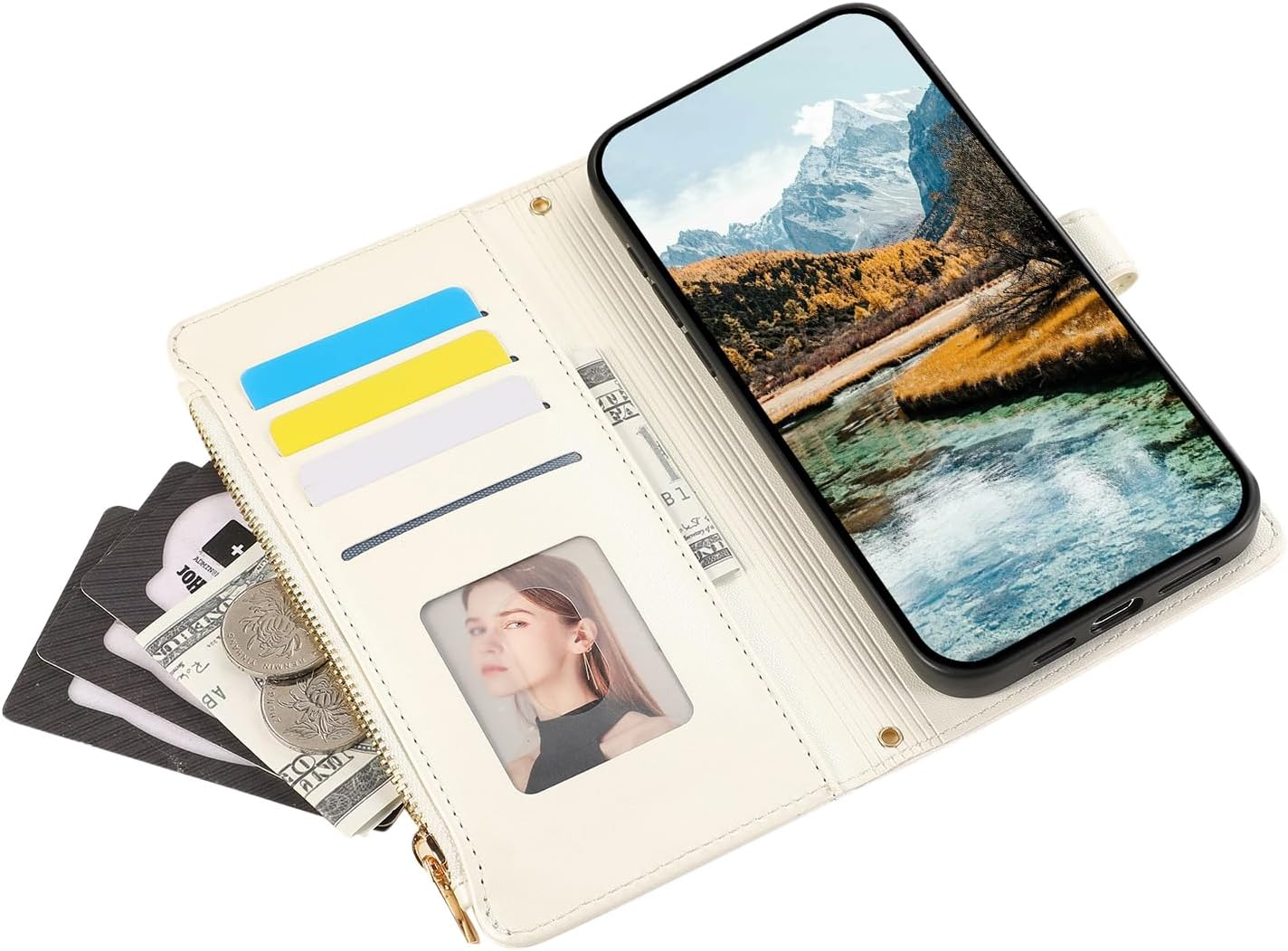 Vaitasy Compatible with Mobile Phone Case Iphone 15 Pro Zip Case Business PU Leather Flip Case for Iphone 15 Pro Protective Case with Card Slot Stand White image number 3