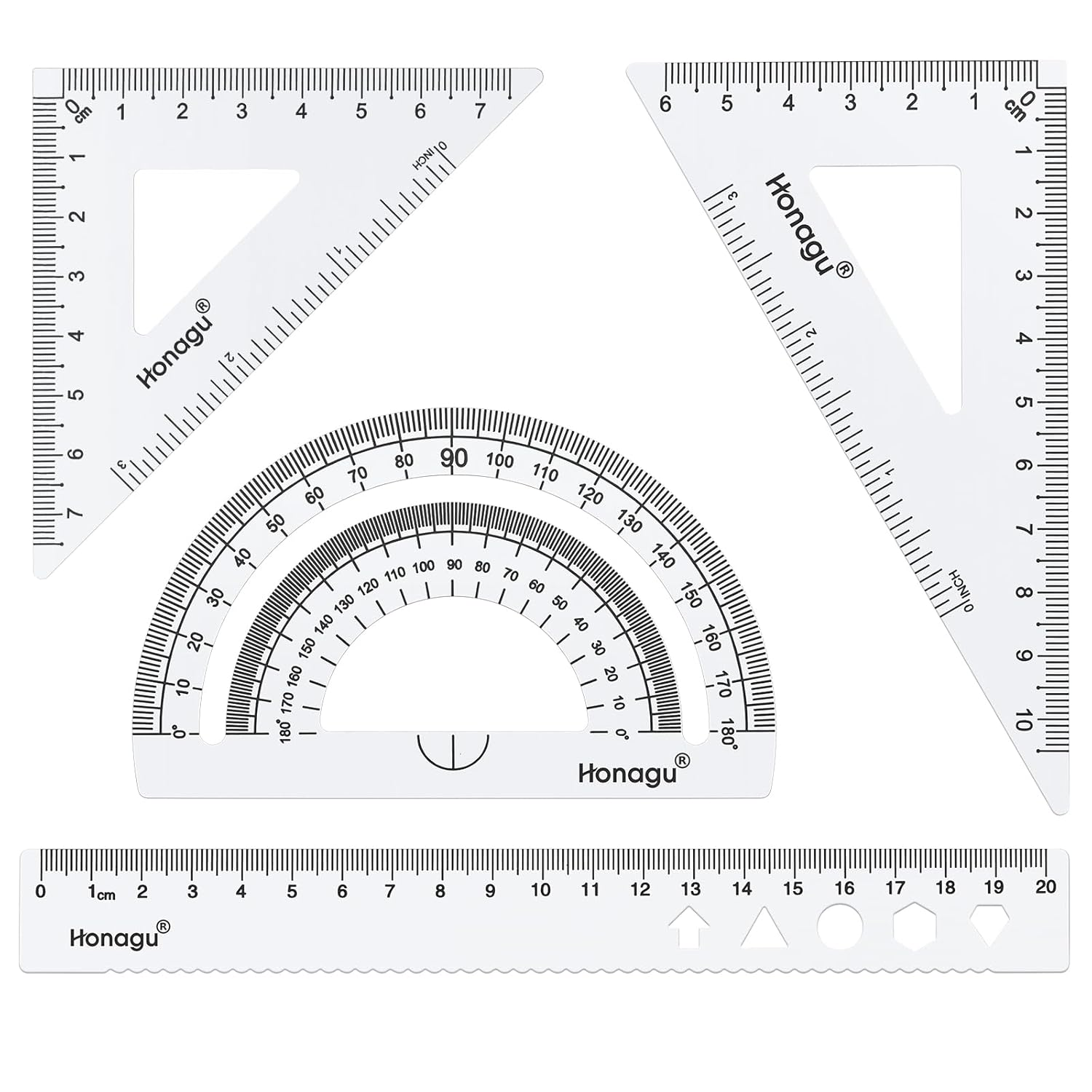 Honagu Triangular Ruler Set, 4 Pieces Aluminum Alloy Ruler, Metal Drafting Ruler, Geometric Protractor for Student,Draftsman, Engineers, Home School Office Supplies(20Cm/7.87Inch, Black)