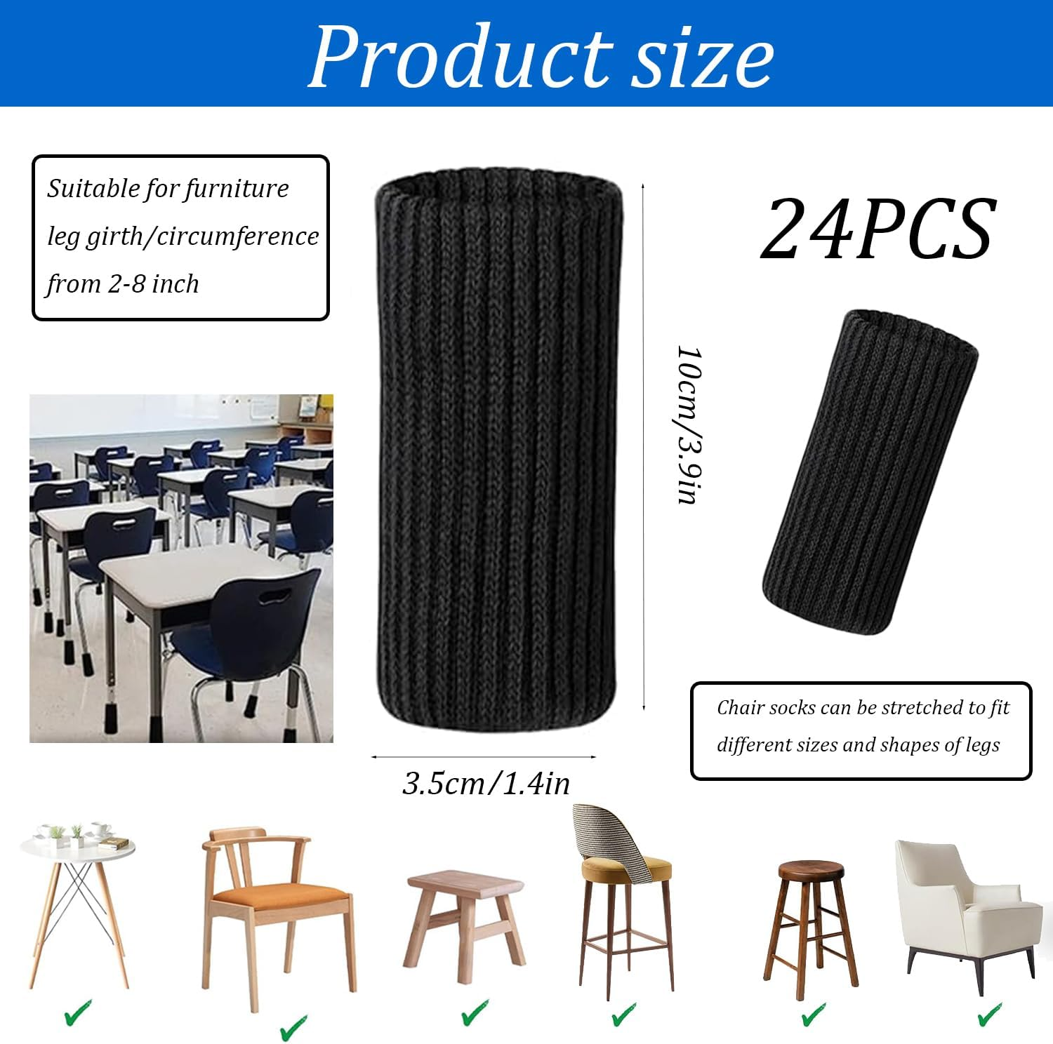 24 Pcs Knitted Chair Leg Socks Protectors, Furniture Leg Cover, Wood Floor Protectors, Chair Leg Covers Caps, Elastic Chair Leg Feet Covers for Hardwood Floor (Black)