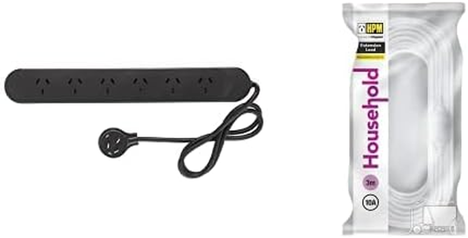 HPM 6 Outlet Surge Protected Powerboard Black + Household Duty Extension Lead White 3M