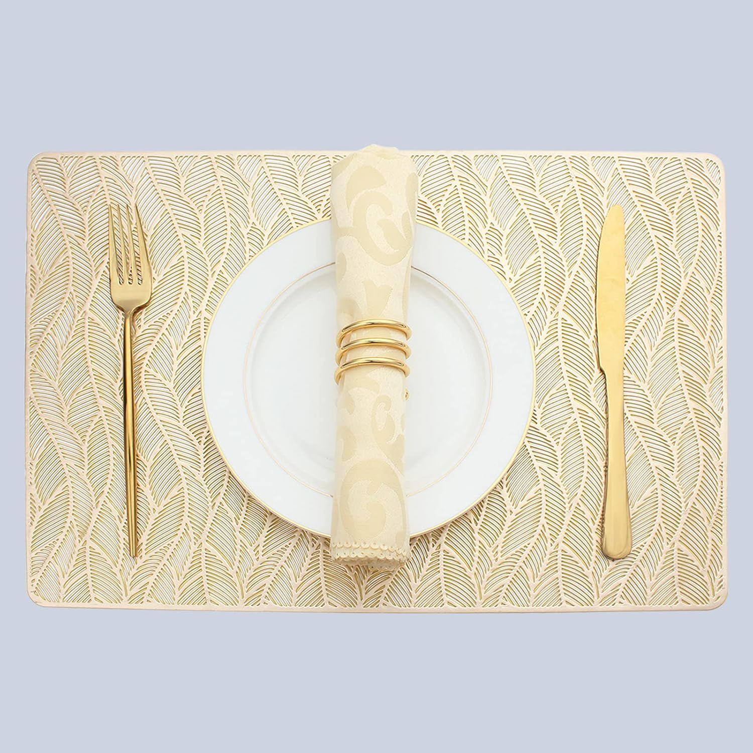 Evevda Silver Leaf Shaped Vinyl Placemats Set of 4 Metallic Plastic Place Mats Wipeable 4Pcs Table Mats for Wedding Anniversary Dinner Table Decoration Mats(17.7X13.8Inch/45X35Cm)