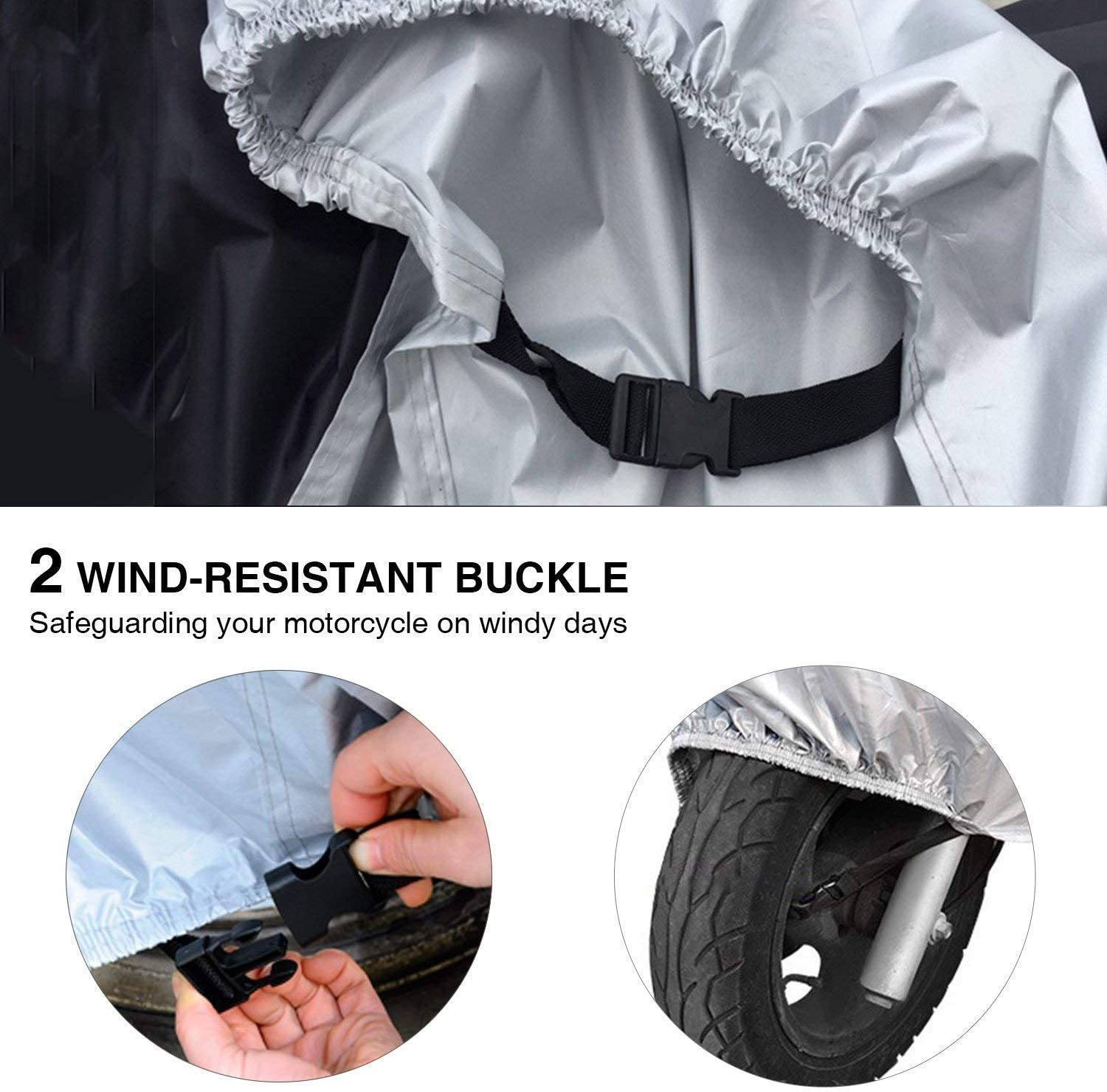 Motorcycle Cover, Ohuhu All Season Waterproof Snowproof Motorbike Covers with Lock Holes, Fits up to 108"/274Cm Motors Bikes Scooters for Honda, Yamaha, Suzuki, Harley, Kawasaki, Black-Silver image number 1
