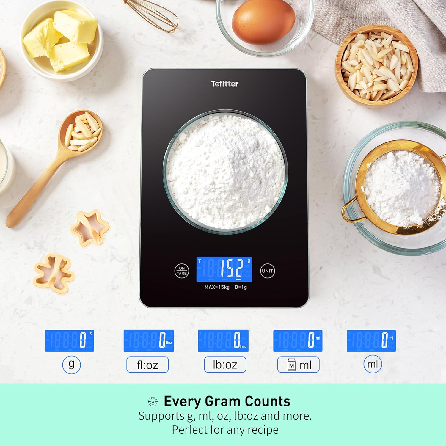 Food Scale.Kitchen Scale,15Kg/33Lb Large Capacity, High Accuracy1G/0.1Oz, USB Rechargeable, Tare Function, Auto-Off, 6 Units, Waterproof, Easy-Clean Glass Platform for Cooking, Baking, Coffee image number 5