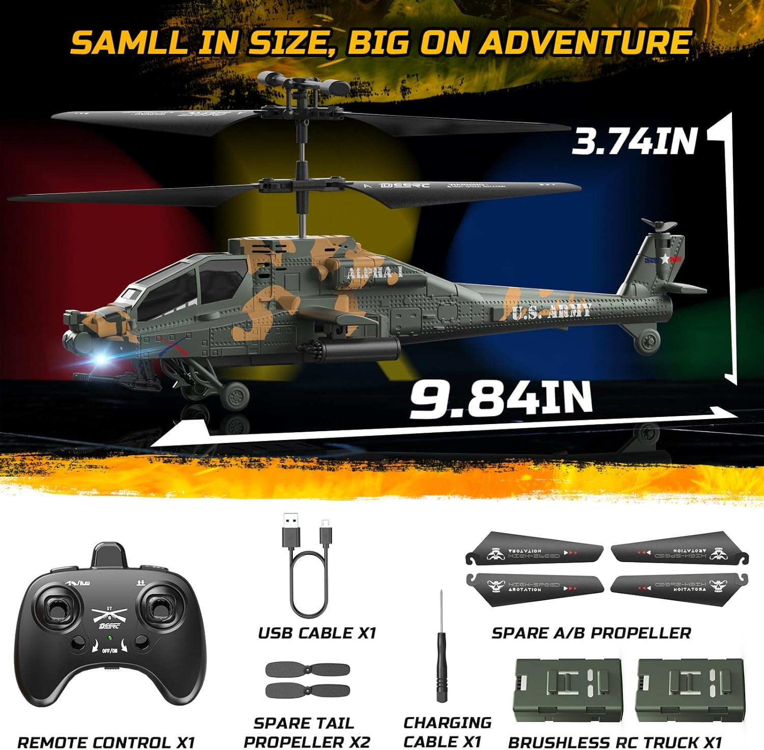 DEERC RC Helicopter for Adults, Apache Remote Control Helicopter for Kids 8-12, Toy Helicopter RC with LED Lights, 2 Batteries, Altitude Hold, 2.4Ghz Military Helicopter for Indoor, Ideal for Birthday image number 5