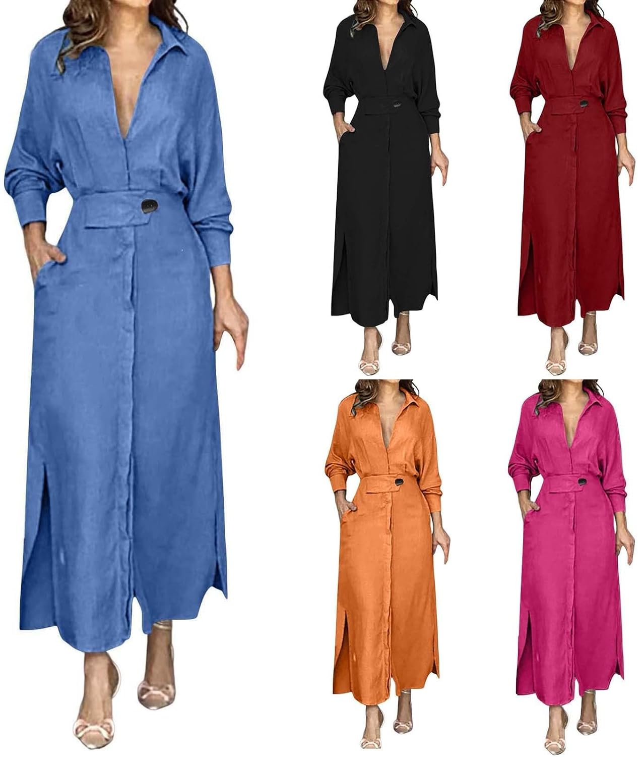 Cute Maternity Dress for Women Cotton Linen Formal Maxi Dress Casual Lapel Long Sleeve Dresses with Pockets V Neck Dresses Flower Pattern Pan Collar Women