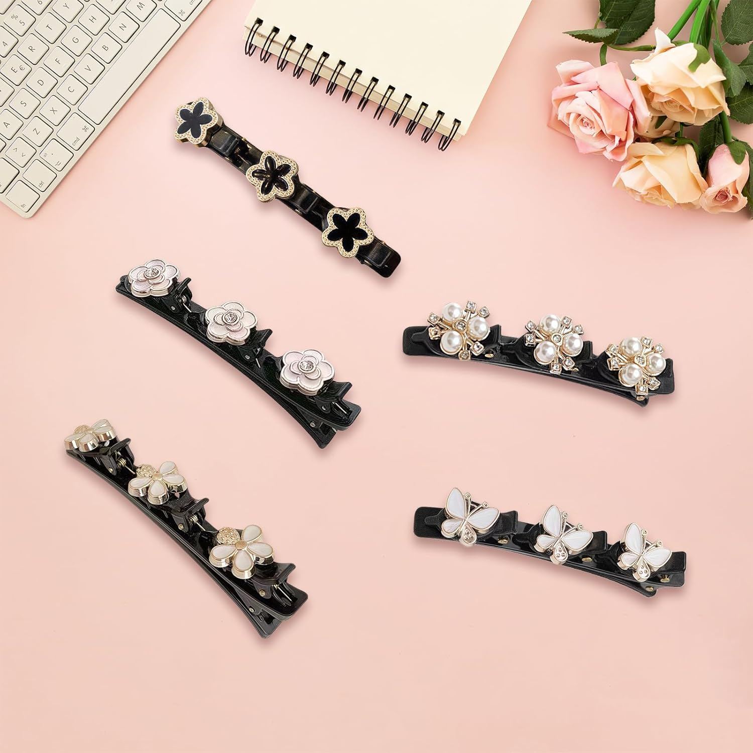 Pack of 5 Double Layer Hair Clip,Sskhe Women'S Braided Hair Clip,Flowers,Butterfly,Crystal Hair Accessories,Create a Variety of Elegant Hairstyles image number 3