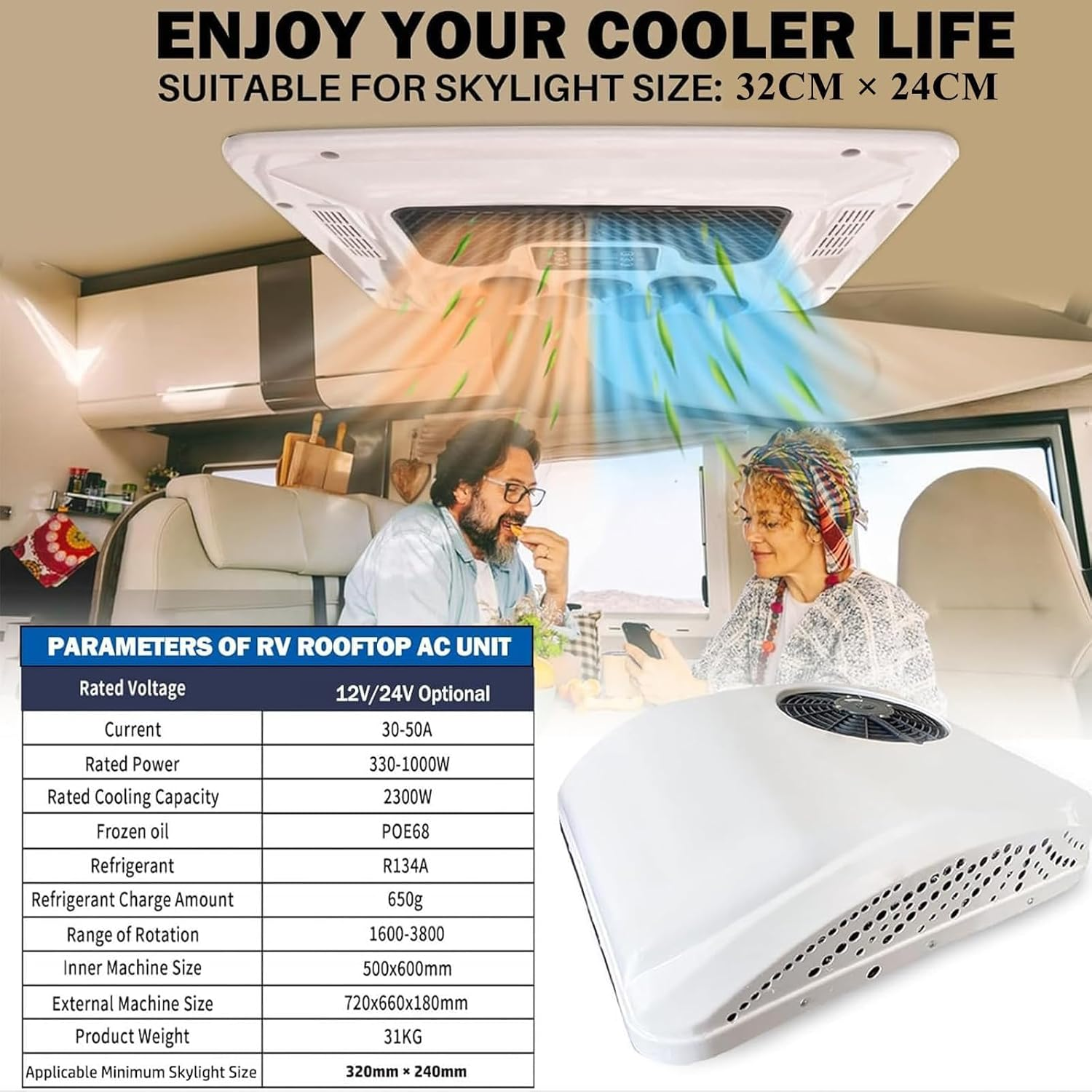 RV Air Conditioner with Heat Universal Rooftop Ac Unit Rv Air Conditioner Heater Combo, 8500BTU Quiet 12 Volt Camper A/C Unit, 2 in 1 Heating & Cooling Mode for Car, Truck, Trailer, Caravan (24V)
