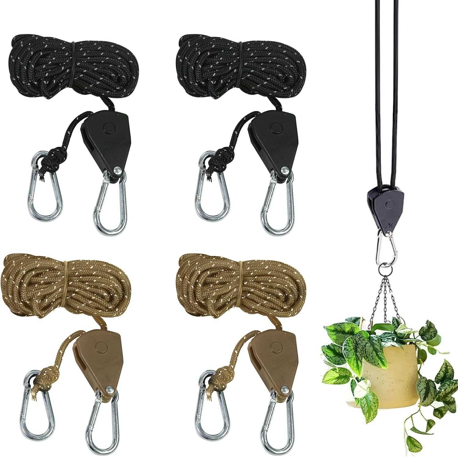 4 Pcs 4M Tent Guy Ropes with Pulley, 4Mm Reflective Adjustable Guide Ropes, Heavy Duty Rope Tensioner Ratchet with Aluminum Adjuster for Outdoor, Camping, Hiking, Awning, Tents, Plant Growing image number 1