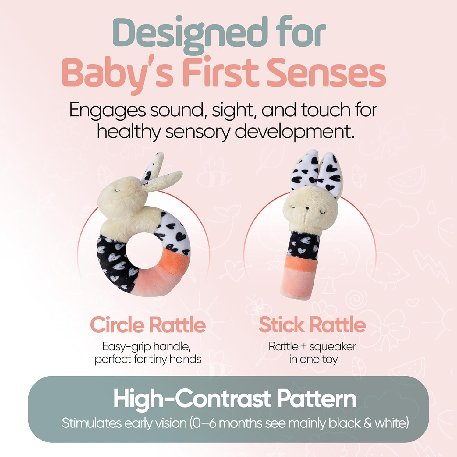 Bella Bunny Sensory Rattle Set &ndash; High Contrast Baby Toys for Newborns (0&ndash;6 Months), Soft Plush Bunny Rattle & Squeaker Gift Set for Tummy Time, Montessori & Soft Play Development image number 5