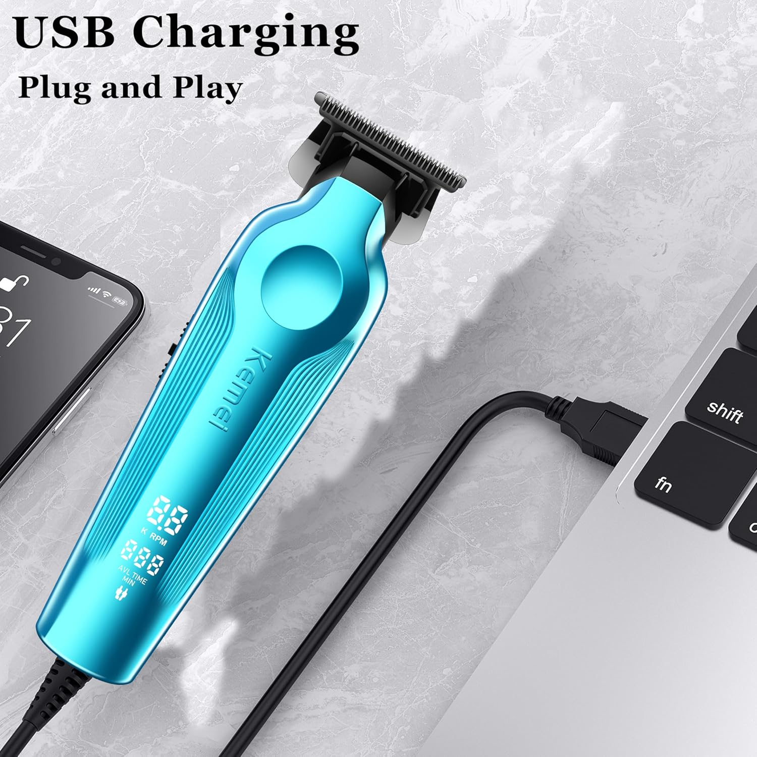 KEMEI Hair Trimmer for Men, Zero Gapped Cordless Hair Clippers Beard Trimmers with T Blade, Rechargeable Barber Clipper with LED Display, Blue image number 4