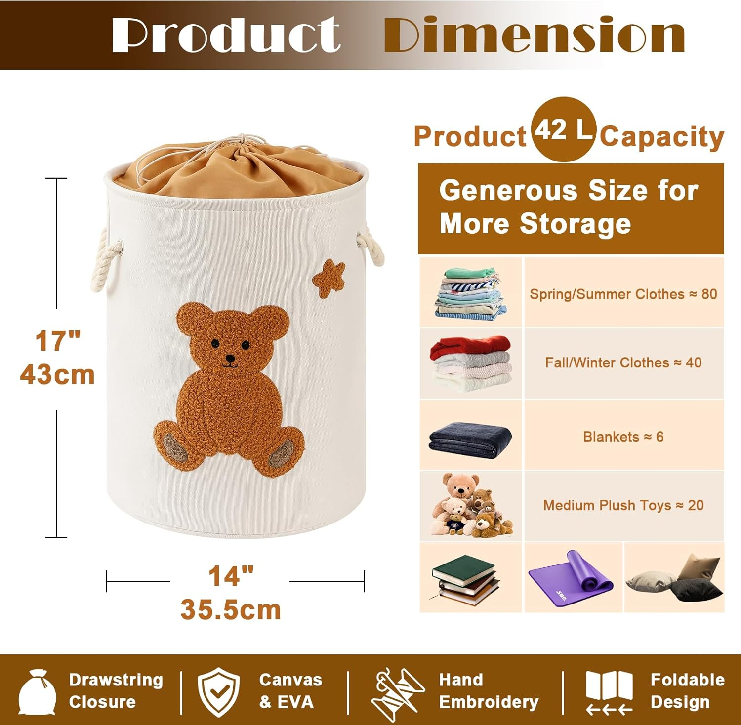 Kids Laundry Basket Nursery Hamper Baby Laundry Basket Stuffed Animal Toys Storage Baskets for Toddler Room Decor, Dirty Clothes Hampers with Drawstring Closure for Bedroom/Living Room/Nursery, Bear image number 5