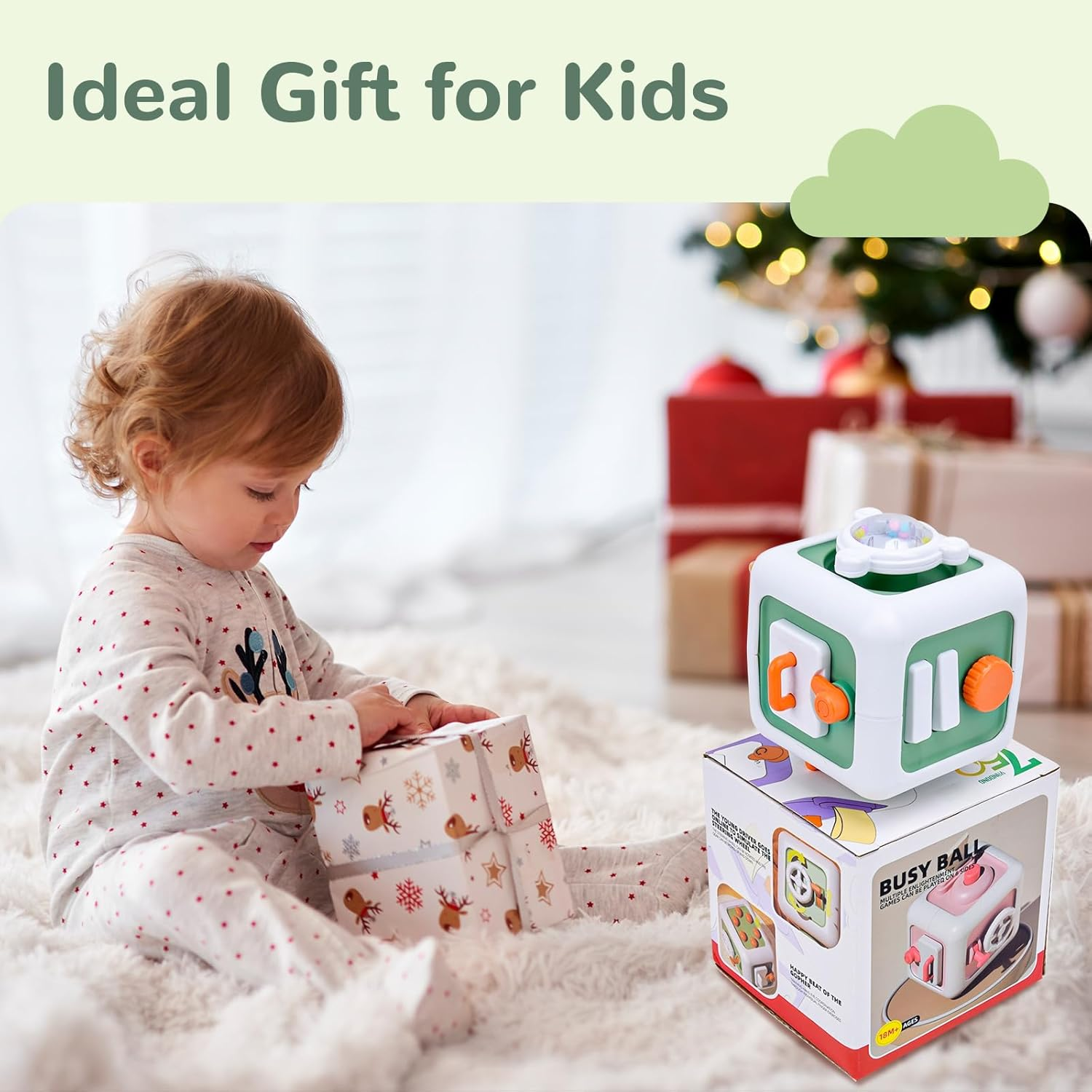 Busy Activity Cube Toys for 1 + Year Old Gifts, Sensory Learning Fine Motor Skills Toys for 18 Months, Montessori Airplane Travel Car Toys for Toddler 1-3, 1St Birthday Girl Gifts 18 Months + (Green) image number 5