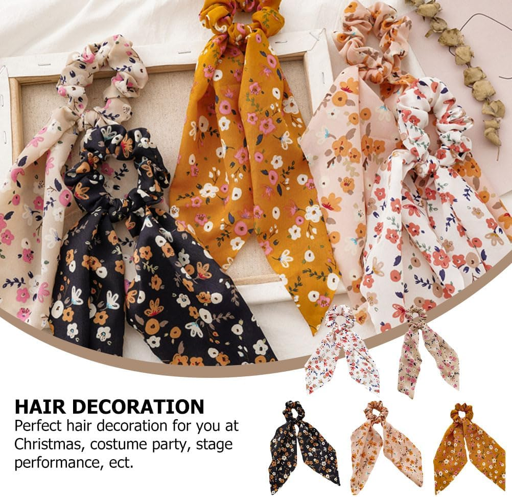 FOMIYES Pack of 5 Floral Satin Ribbon Hair Tie Fashion Scarves Ponytail Hair Band with Tail Flower Printed Hair Pompoms Ties image number 1