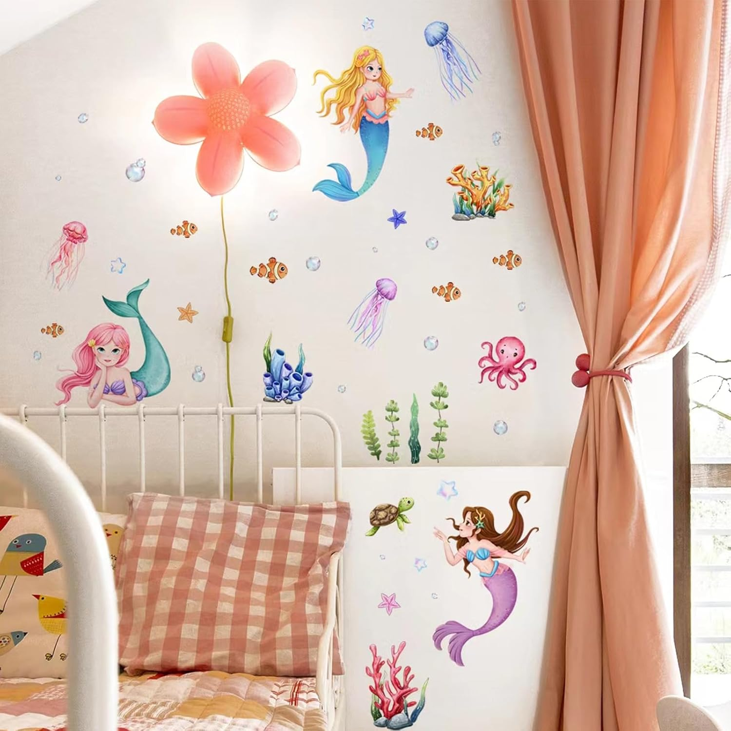 Underwater Mermaid Wall Decals, Ocean Theme Wall Decals Sea Creatures Turtle Wall Stickers Bathroom Girls Bedroom Baby Nursery Wall Decor image number 1