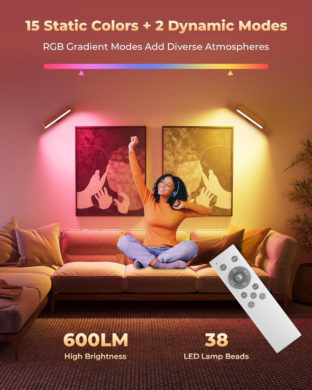 Wood Rechargeable Wall Light Indoor, 2 Pack 7500Mah Battery Operated Wall Sconce with Remote, LED Wireless Wall Light for Bedroom, 3 Colors Dimmable Brightness Wall Sconce with 15 RGB Colors