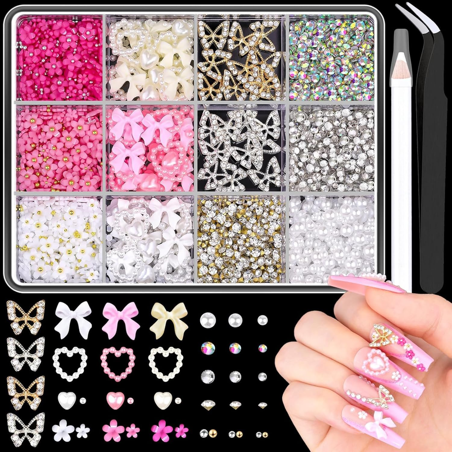 3D Nail Charms，Nail Art Rhinestones Kit and Gems Set， for Crafts Y2K Nail Decor Face Art Clothes Shoes Bag Diy/With Storage Organizer Box, Pick up Tweezer and Rhinestones Picking Pen image number 4