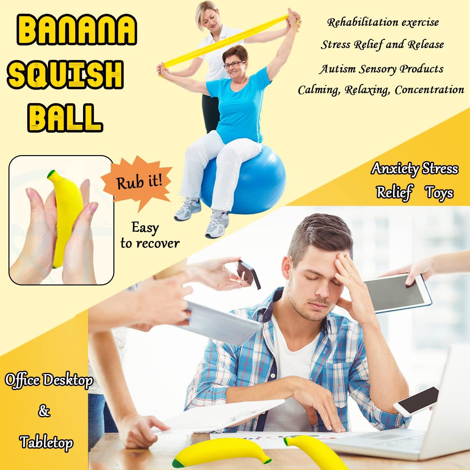 3 Pack Stretchy Banana Sensory Toy,Stress Relief Fidget Banana Toys for Kids and Adults,Sand Filled Stress Gift,Banana Party Supply image number 3