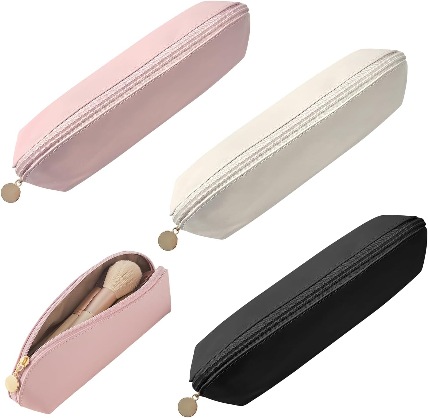 VLYX 3 PCS Makeup Brush Travel Bag Large PU Leather, Waterproof Cosmetic Organizer Zipper Pouch, Portable Anti-Fall Brush Holder for Travel Outdoor Bags