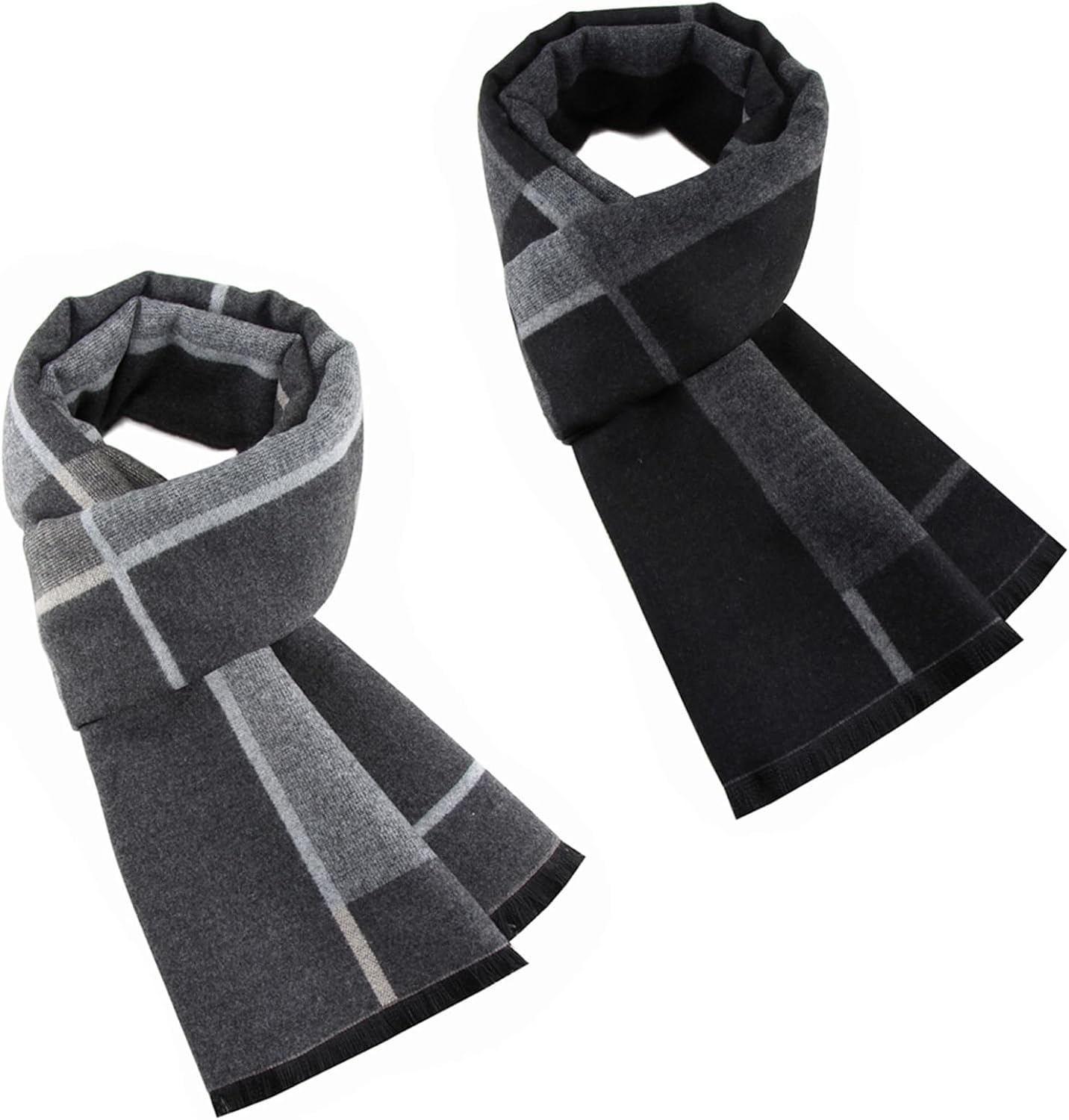 2 Packs Cashmere Feel Winter Scarf for Men, Soft Warm Black Grey Plaid Stripe Mens Scarf Set Selection Husband Father Gift