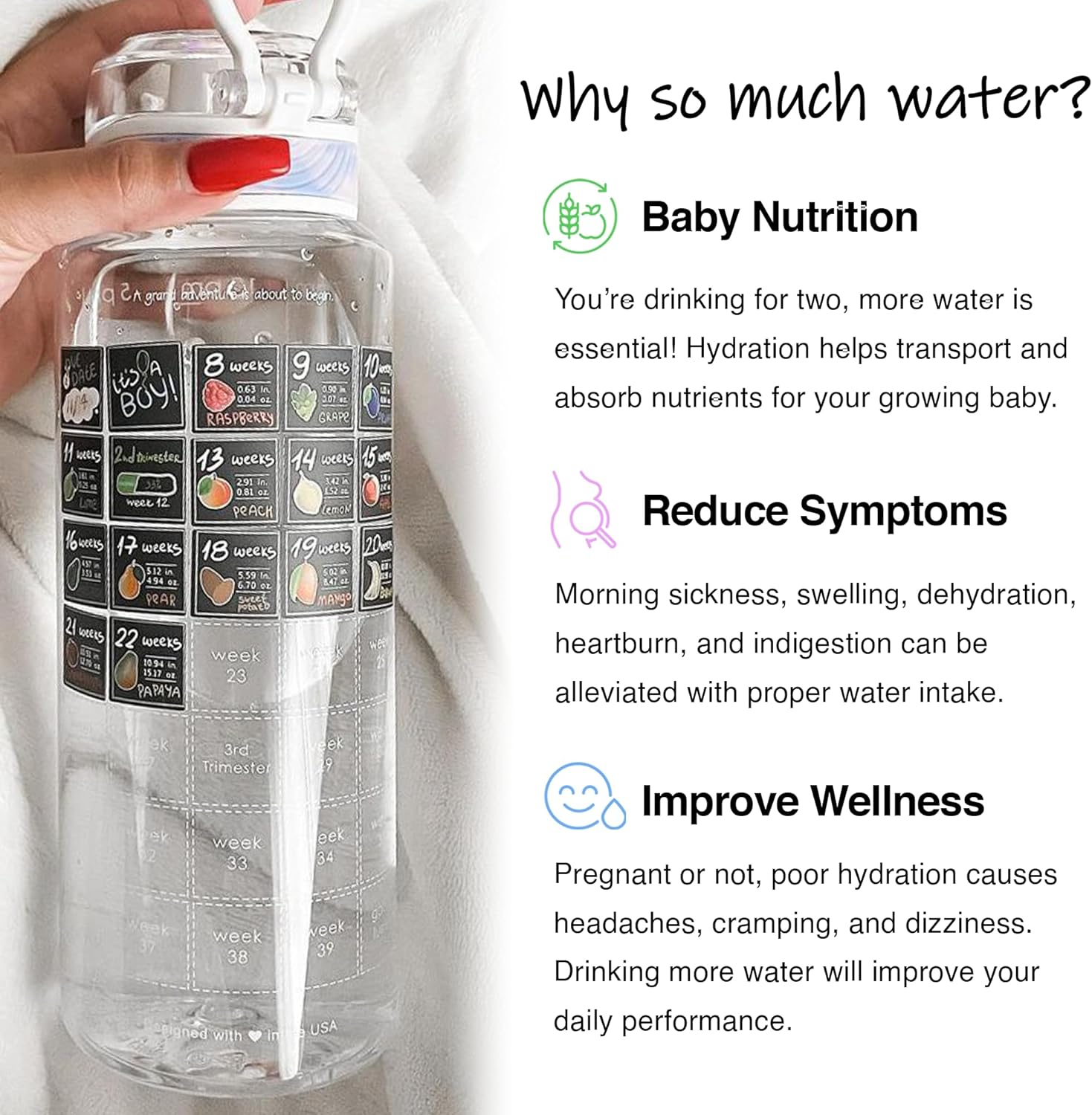 Bellybottle Pregnancy Water Bottle Tracker &ndash; Pregnancy Must Haves First Trimester &ndash; Pregnancy Gifts for Expecting Mom &ndash; Pregnancy Essentials Nausea Relief &ndash; Weekly Stickers + Straw + BPA Free &ndash; Tidye - Blue image number 3