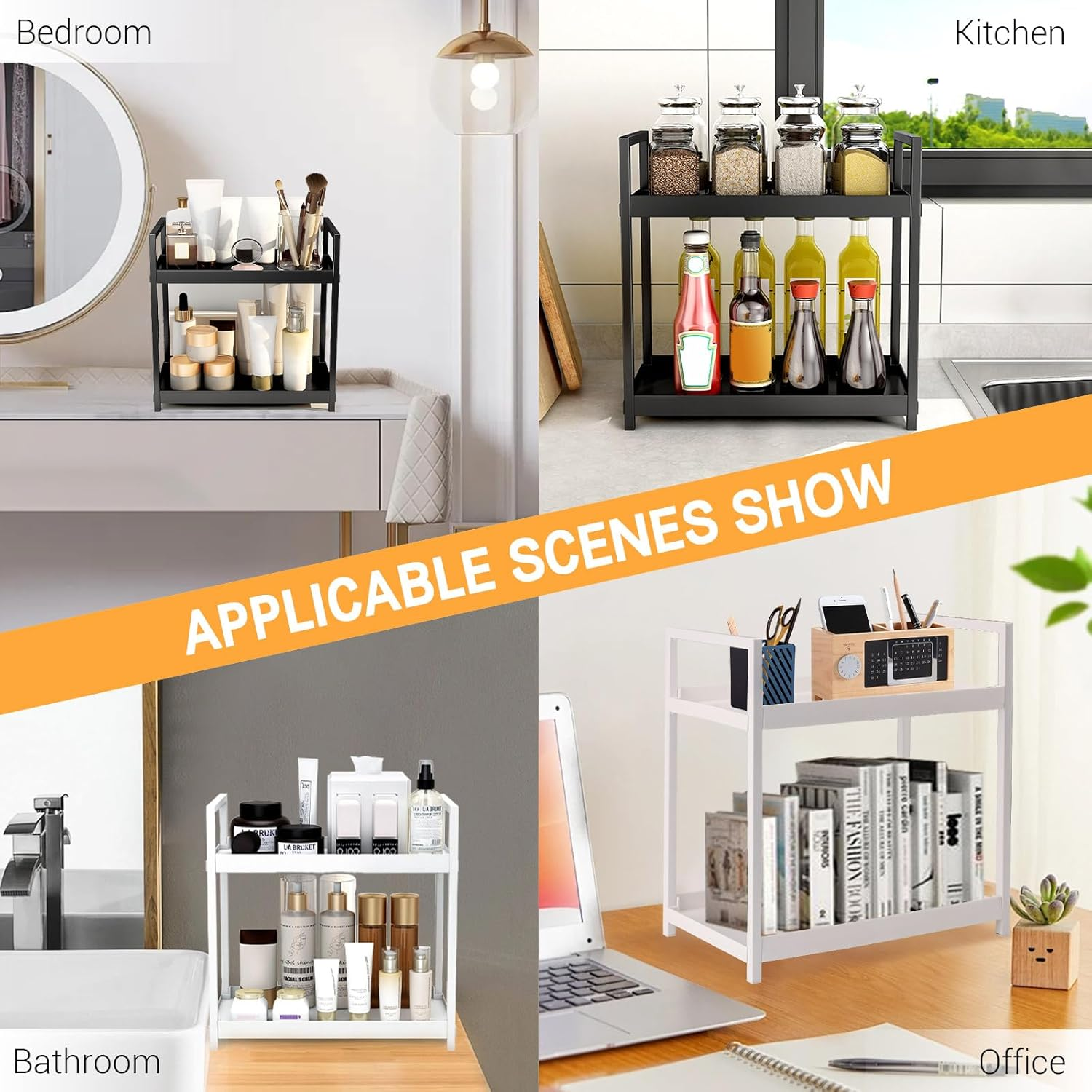 2-Tier Bathroom Counter Organizer with Basket, Vanity Tray Shelf, Bathroom Organizer Countertop, Vanity Organizer Bathroom Tray, Makeup and Skincare Organizers for Vanity Kitchen Spice Rack (White) image number 5